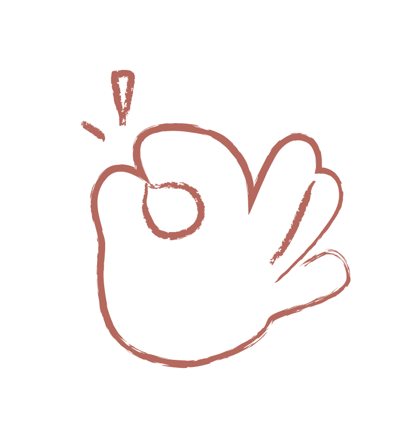 Dessin d'une main faisant le geste de 'signe OK' avec un point d'exclamation à côté, en style minimaliste avec contours roses.