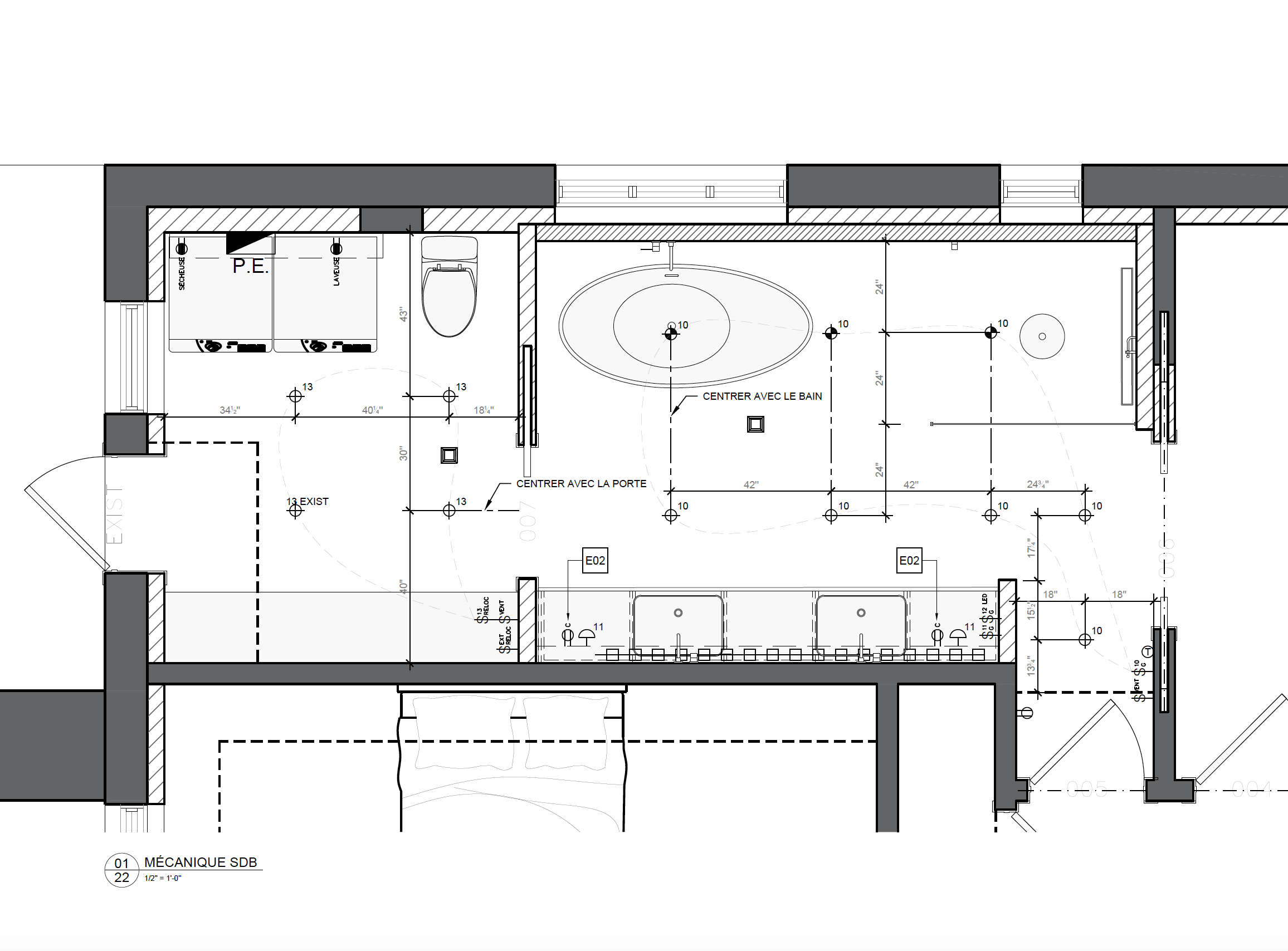 Plan architectural d'une salle de bains avec une baignoire, deux lavabos, un WC, un espace pour la douche, et un espace avec deux sèche-cheveux.