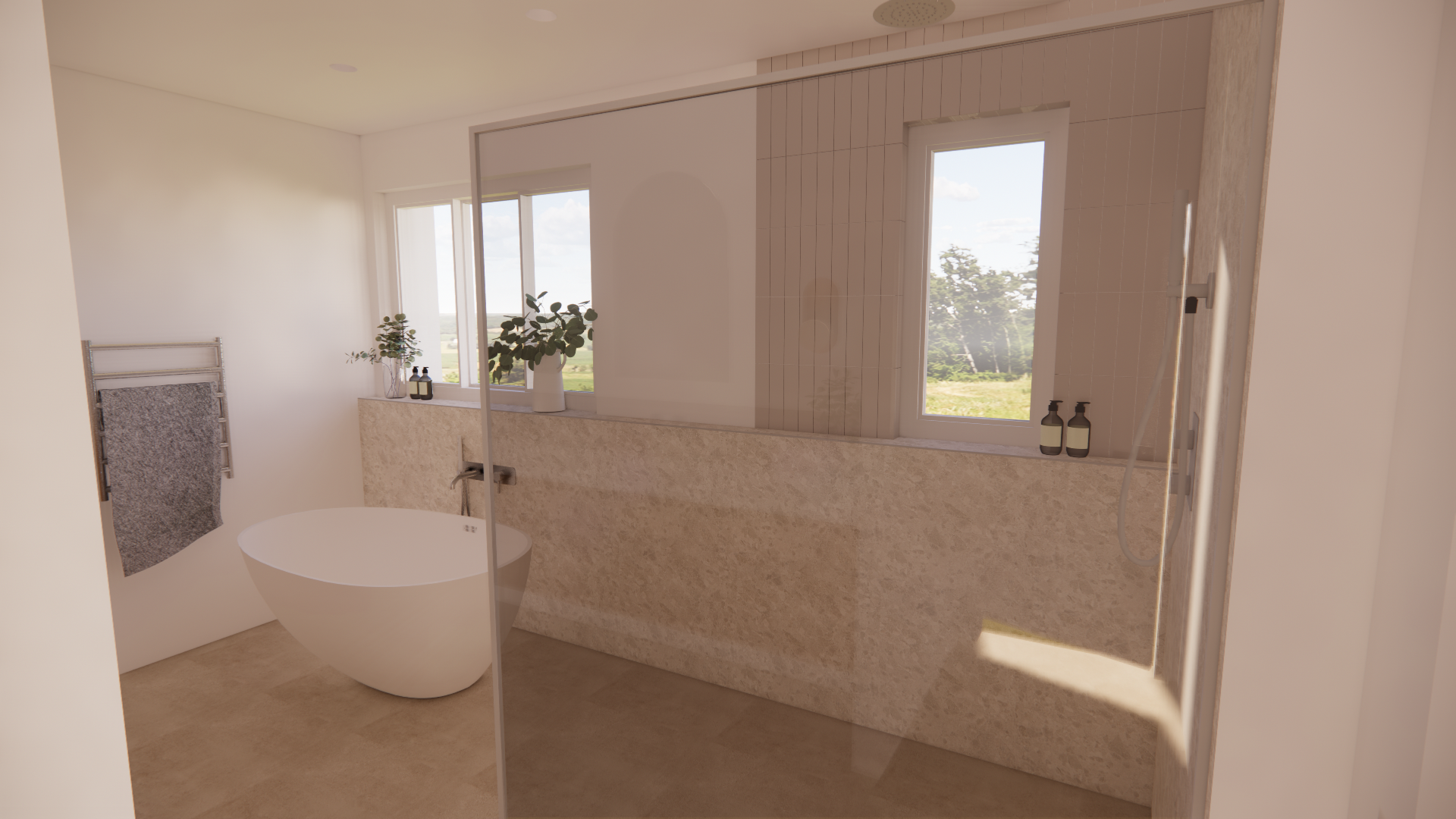 Salle de bain moderne avec une baignoire autoportante, deux fenêtres laissant entrer de la lumière naturelle, des plantes et des bouteilles de soin sur un rebord.