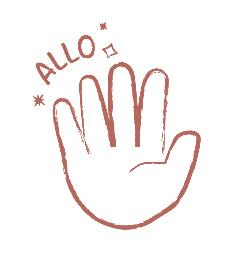 Dessin d'une main en ligne continue avec le mot "Allô" écrit au-dessus, en couleur rose.