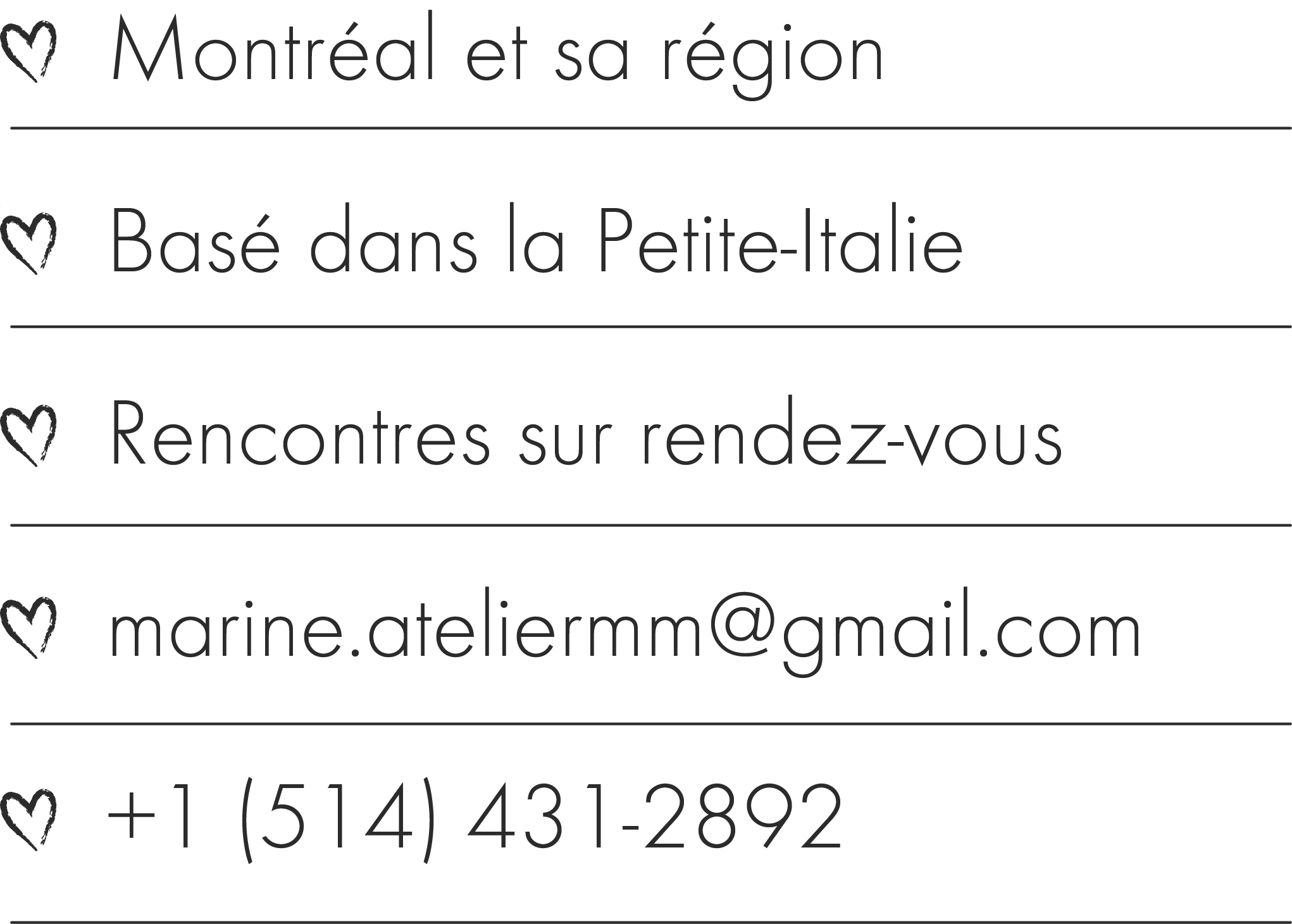 Carte de contact avec nom, email, téléphone et informations sur Montréal et sa région, basée en Petite-Italie, pour des rencontres sur rendez-vous.