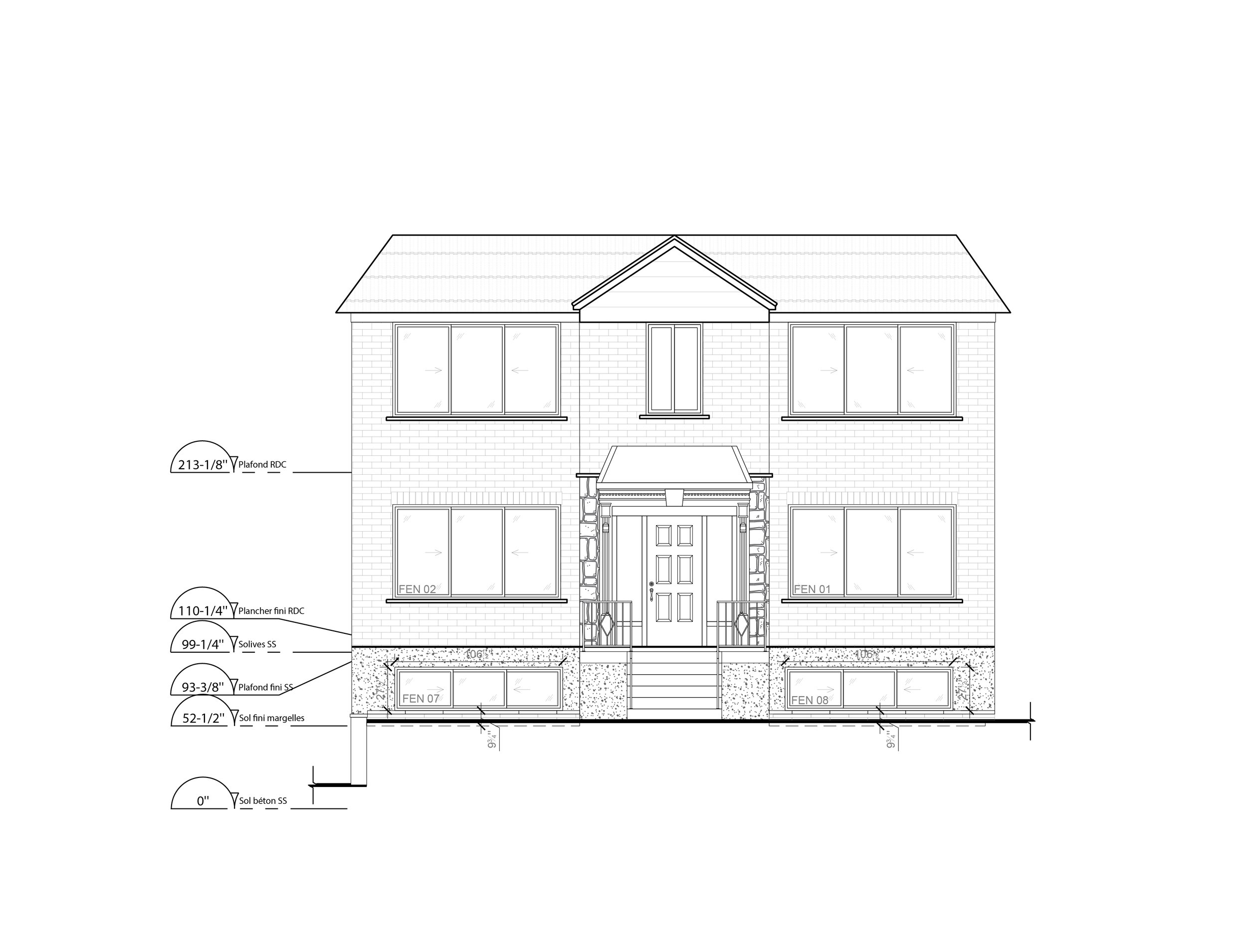 Plan de construction d'une maison, montrant la façade principale avec des fenêtres, une porte d'entrée centrale, des escaliers et des annotations de dimensions et matériaux.