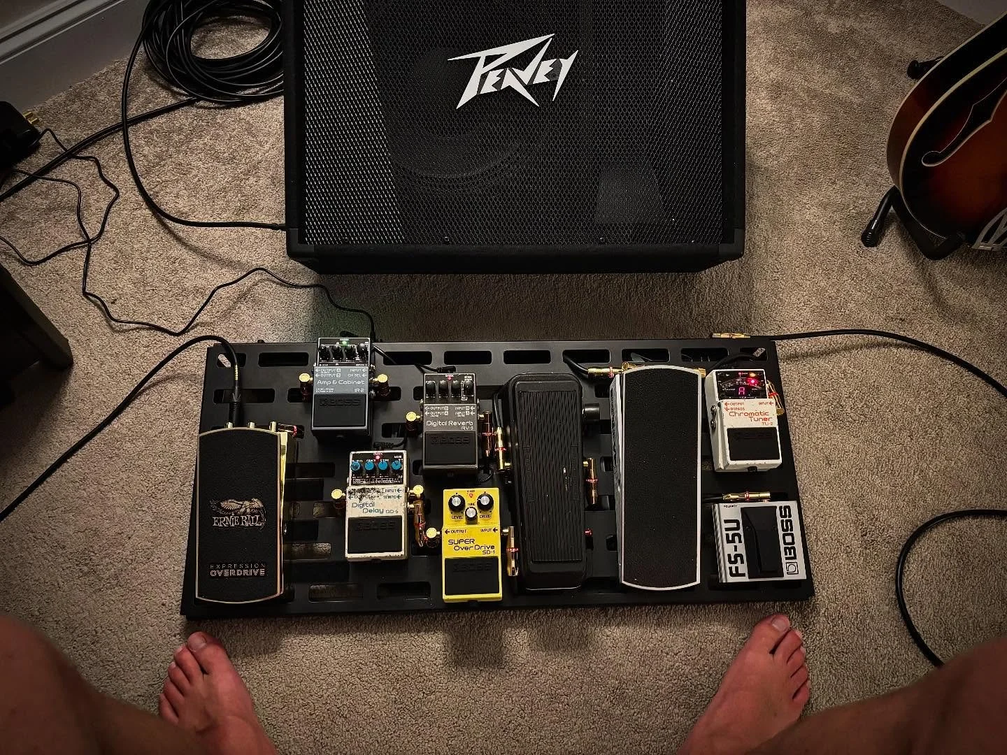 Reassembled and ready for the stage!

For the guitar players&hellip;

Rockboard Tres 3.3.
Rockboard Mod 1v2 Patchbay.
Rockboard DC1 Multipower Patchbay.
Boss Chromatic Tuner.
Boss FS-5U Tempo.
Ernie Ball Volume.
Cry Baby Wah.
Boss Super Overdrive.
Bo