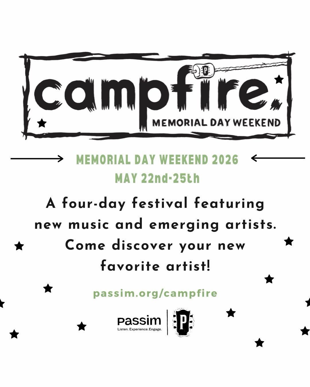 We&rsquo;re very excited to be making a return to the Passim stage for their annual Campfire Festival. We&rsquo;ll be closing out the night on Saturday May 23rd!

A festival ticket allows you to enjoy music ALL WEEKEND long. Or grab a Saturday ticket