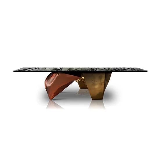 Iceland Inspired Marble Top Coffee Table with Brass and Copper Base