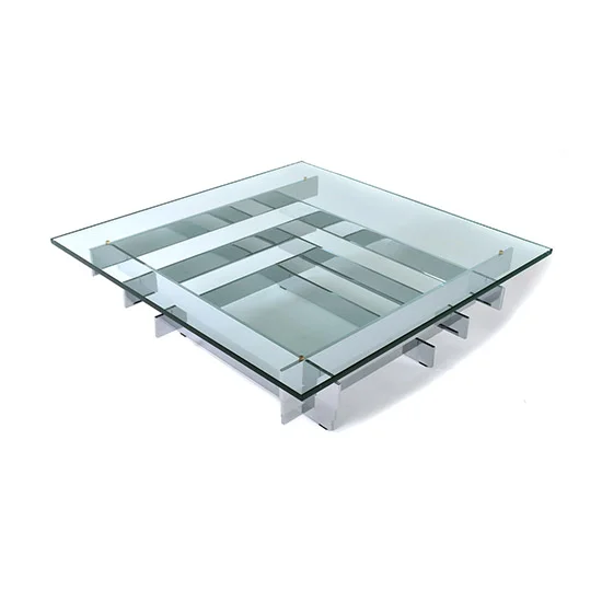 David Hicks Grand Tower II Polished Steel Glass Top Coffee Table