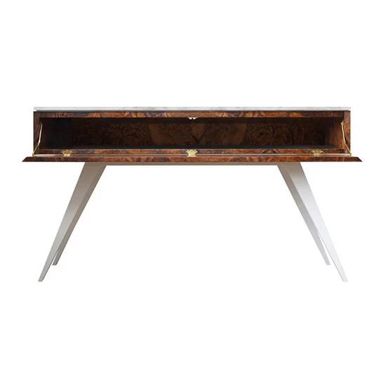Walnut Burl Carrara Marble White Lacquer Legs Console