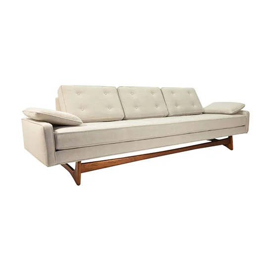 Adrian Pearsall 2408-S Sculpted Walnut Base Linen Upholstered Mid Century Sofa