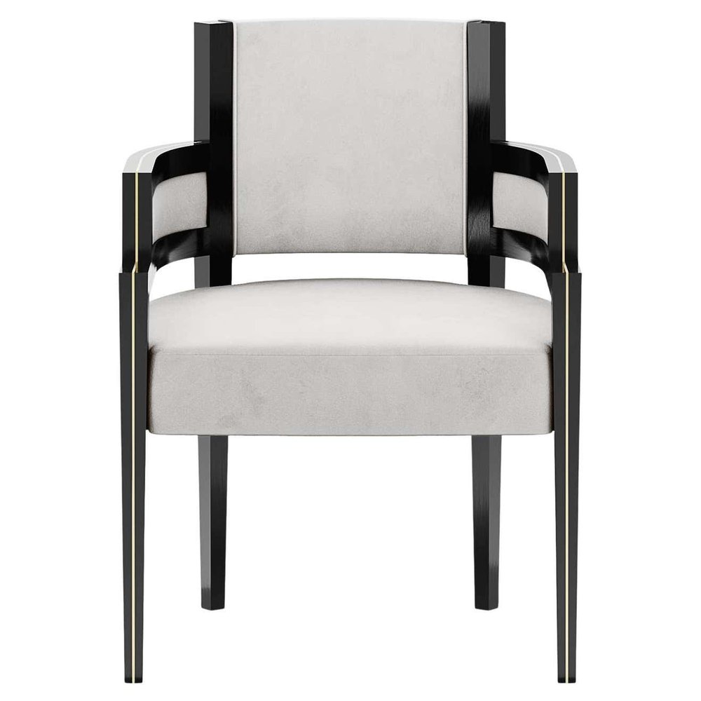 Art Deco Style White Velvet Upholstery Chair Dining Room Chair Brass Details