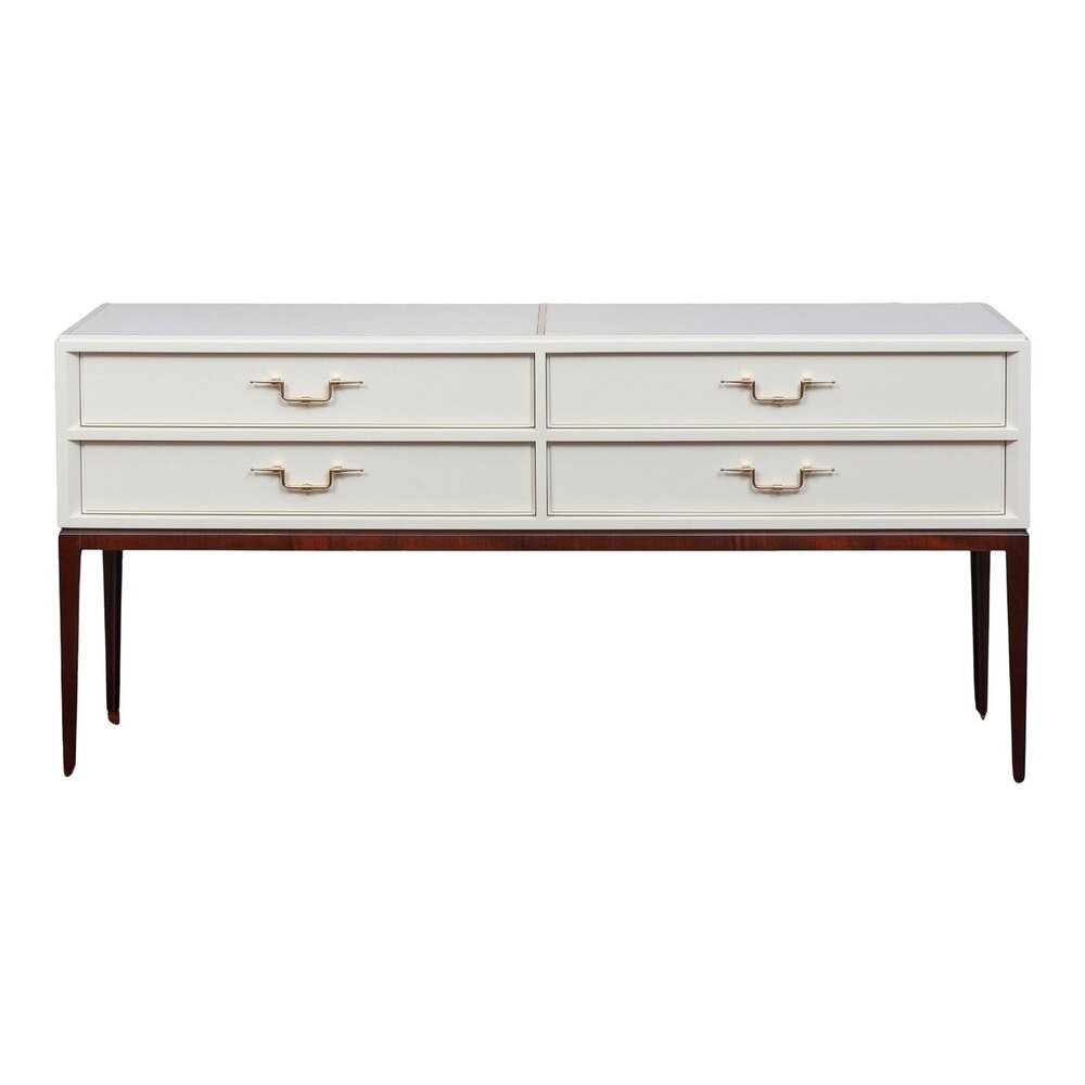 Console or Credenza in the Manner of Tommi Parzinger

Console table or small credenza. Sophisticated modernism executed in Spanish white lacquer on a dark mahogany stained base with polished brass hardware. Featuring four large drawers and two inset 