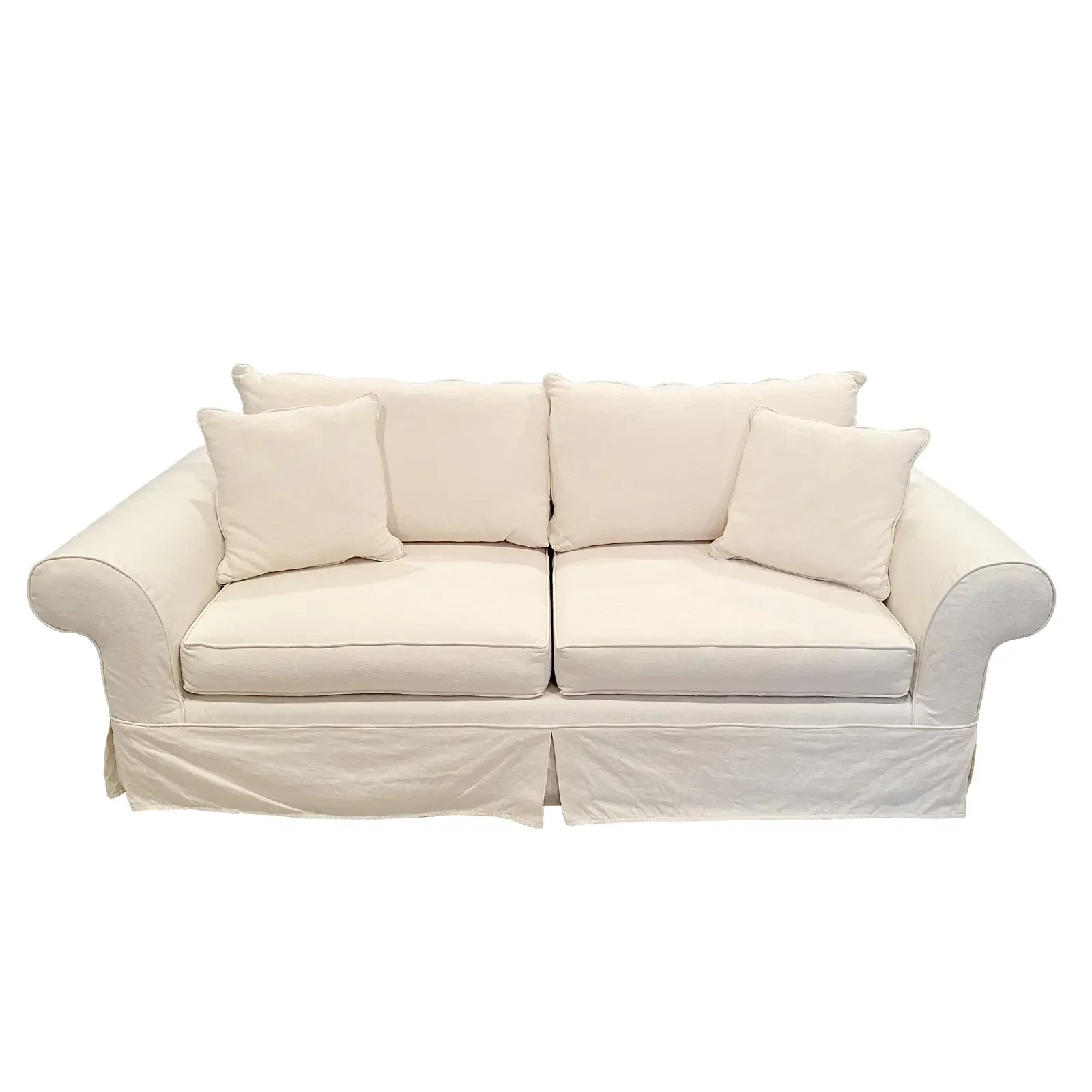 1990s-vintage-room-and-board-white-floral-jacquard-roll-armed-loveseat-sofa-with-tan-slipcover-6918.webp