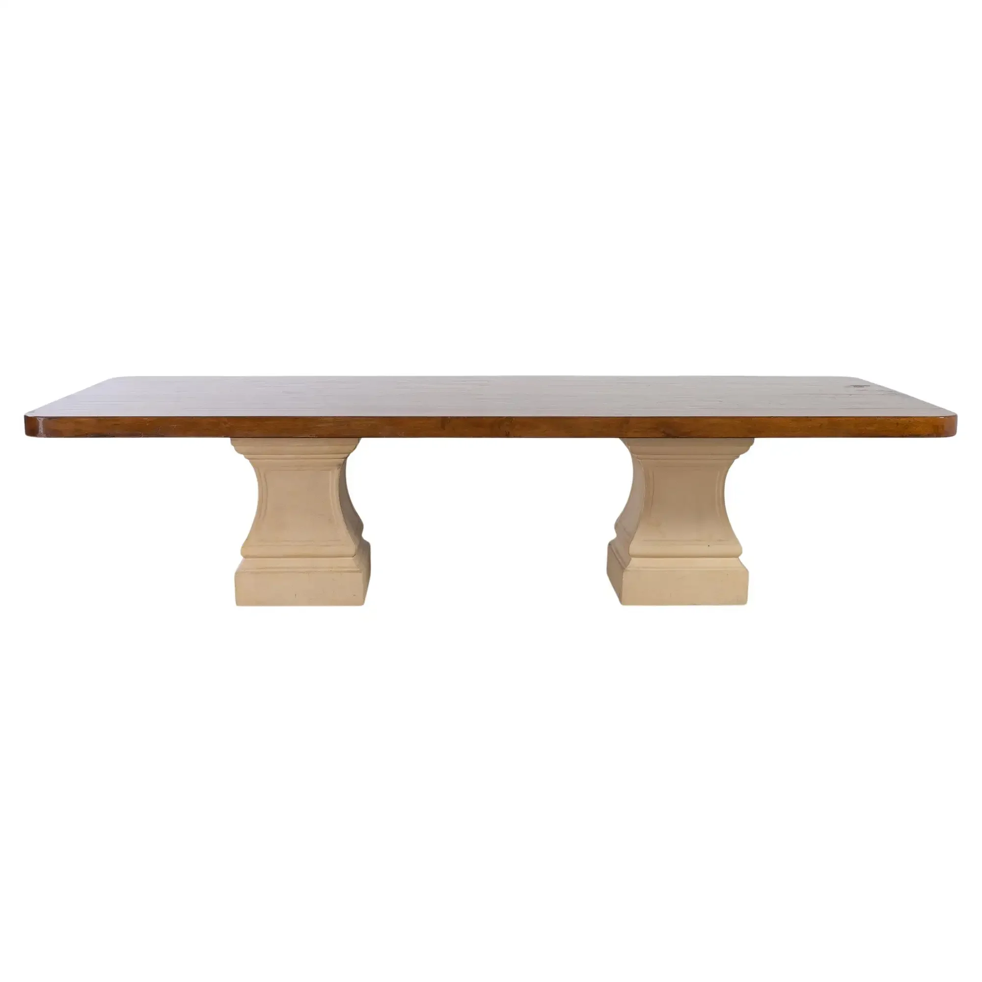 Neoclassical Stone Pedestal Walnut Dining Table in the Manner of Michael Taylor