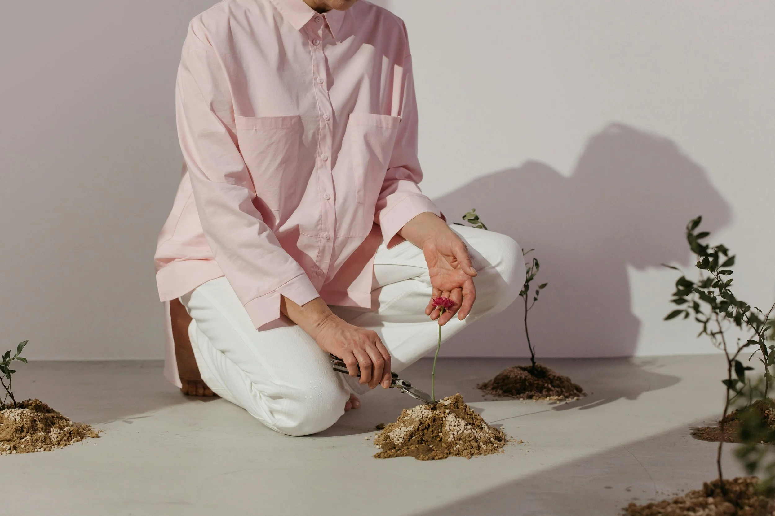 A woman, wearing a light pink shirt and white pants, kneeling in a room with flowers stemming out of piles of dirt. She is using gardening scissors on a flower in the foreground.