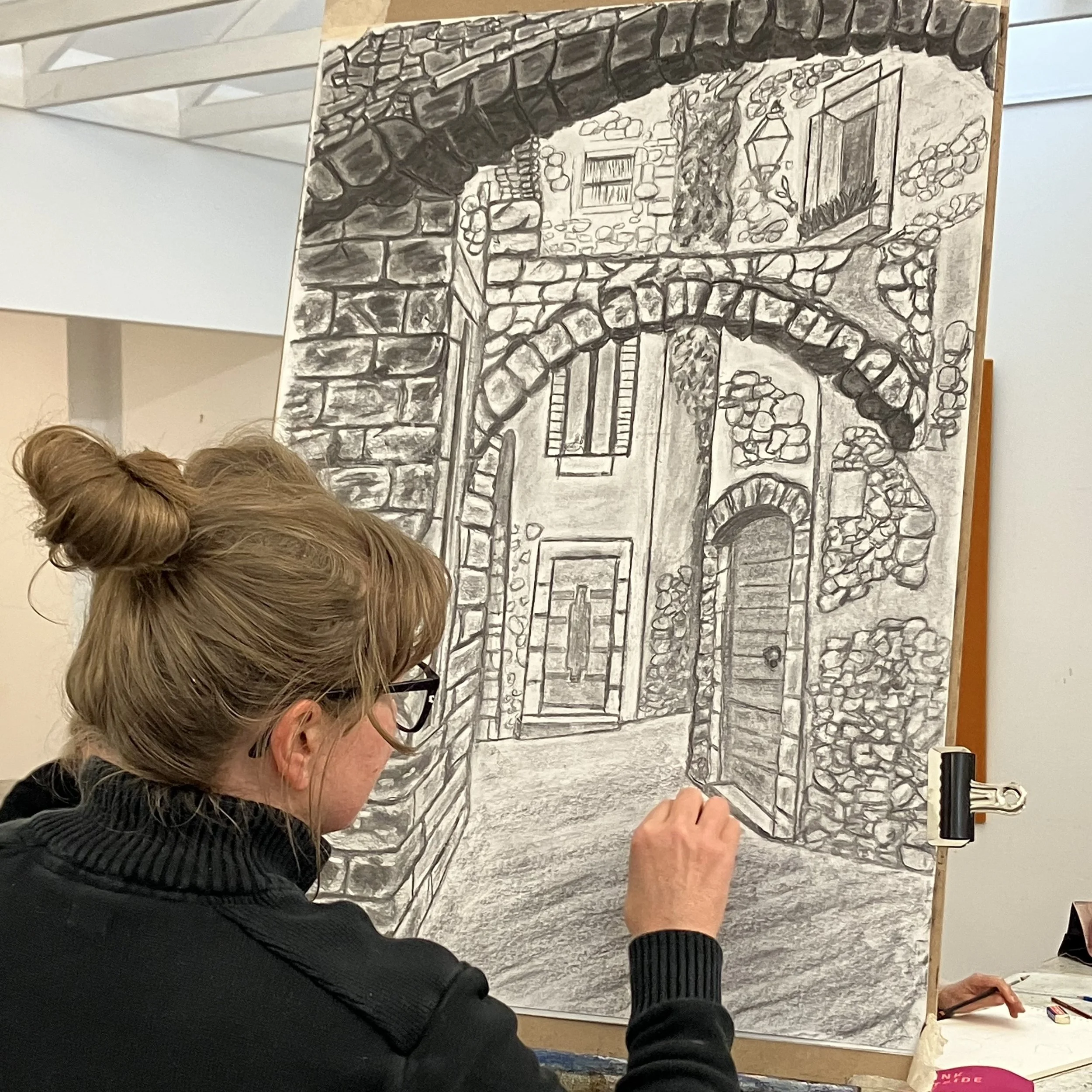 Charcoal drawing of a street view in Italy