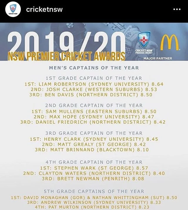 Congratulations to @joshclarke92 as he achieved second place in the 1st Grade Captain of the Year at the @cricketnsw Premier Cricket Awards. Hopefully higher honours to come in 2020/2021!
#swoopingseason