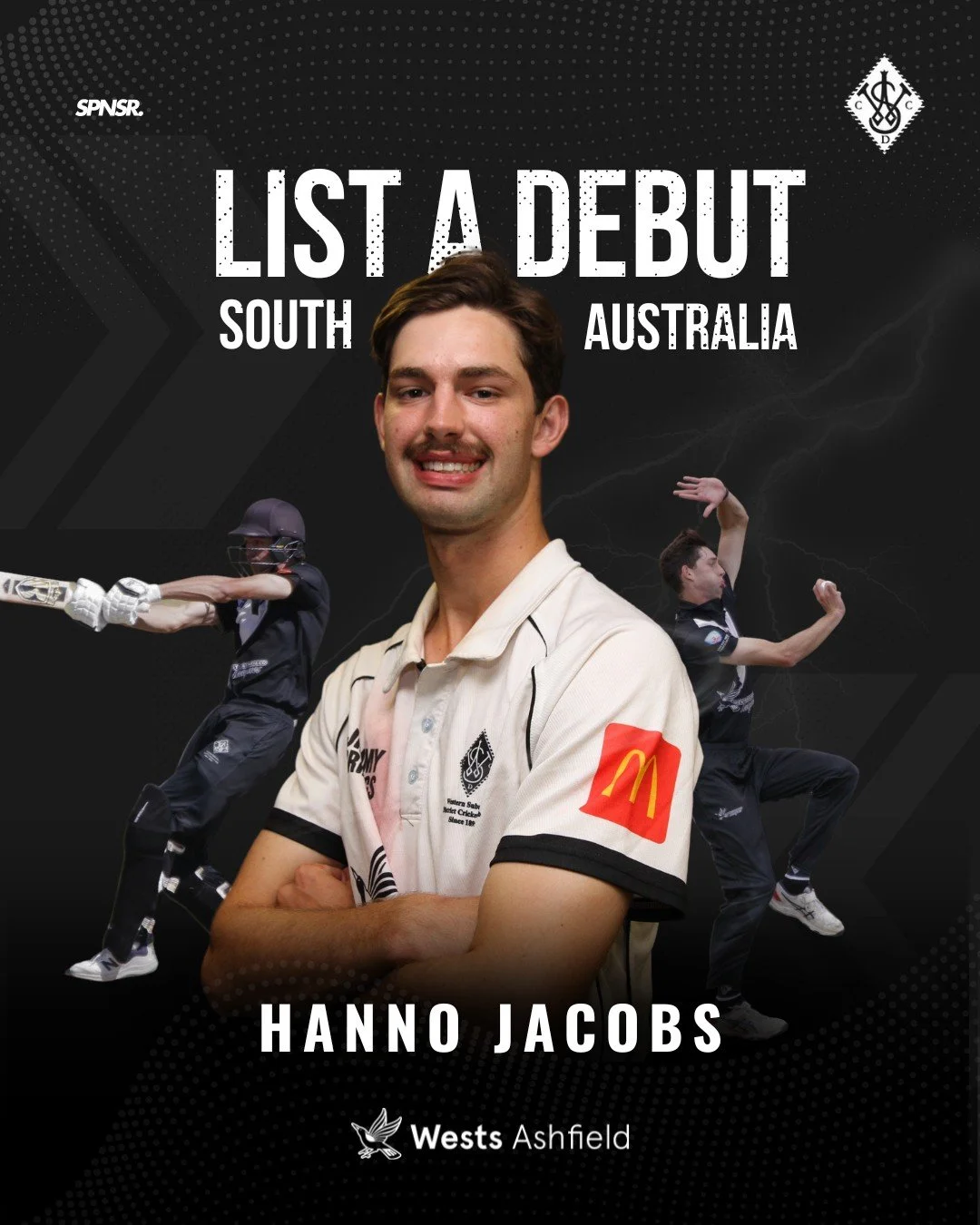 Congratulations to Hanno Jacobs on his list A debut for South Australia last month.

Hanno had a positive start to life in red collecting 2 for 61 off 9 overs.

Well done big fella!

#swoopingseason #betterpeoplethroughcricket