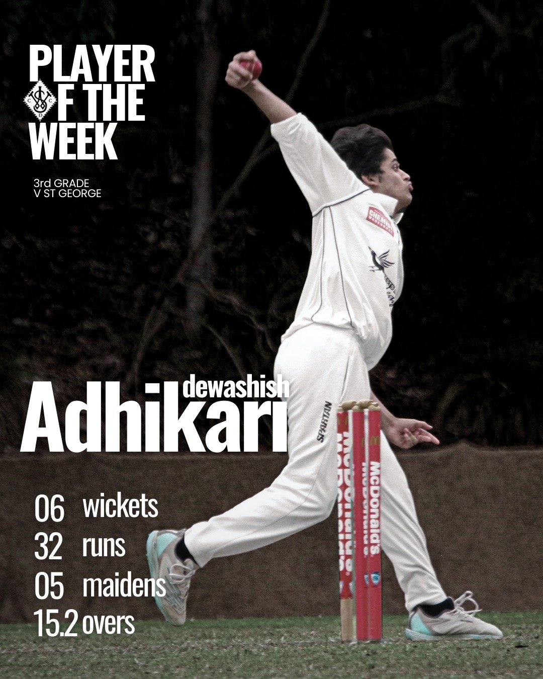 A massive shift from Dewashish Adhikari to lead the 3rd Grade attack against St George. He dominated with the ball, claiming 6 wickets and 5 maidens to help secure the win. A clinical display of control and experience when the team needed it most. Co