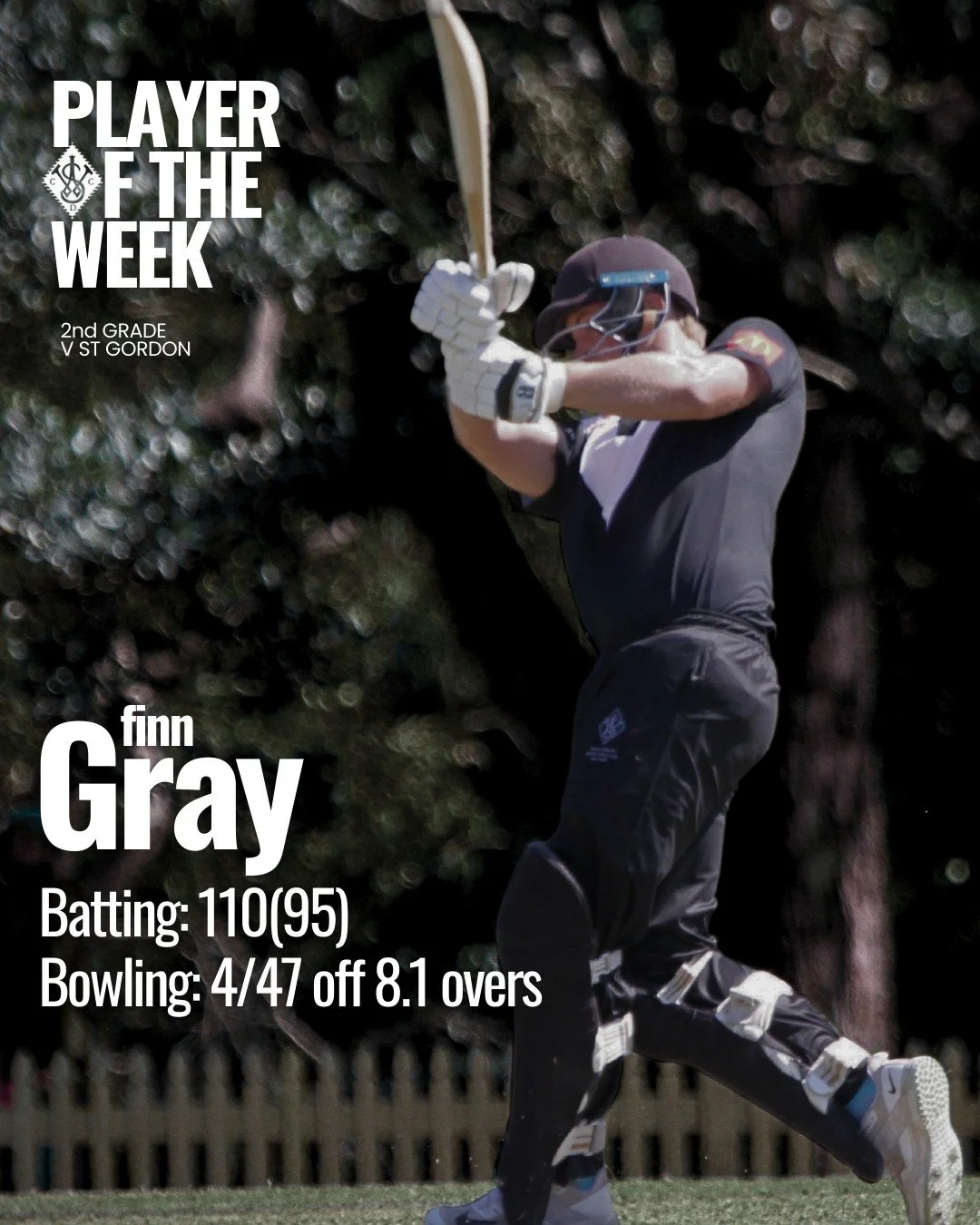 A massive shift from Finn Gray to earn Player of the Week. He dominated with the bat, clearing the fence for 110 off 95 balls, before backing it up with a clinical 4/47 with the rock. A match-winning performance in the 2s win over Gordon. Well played