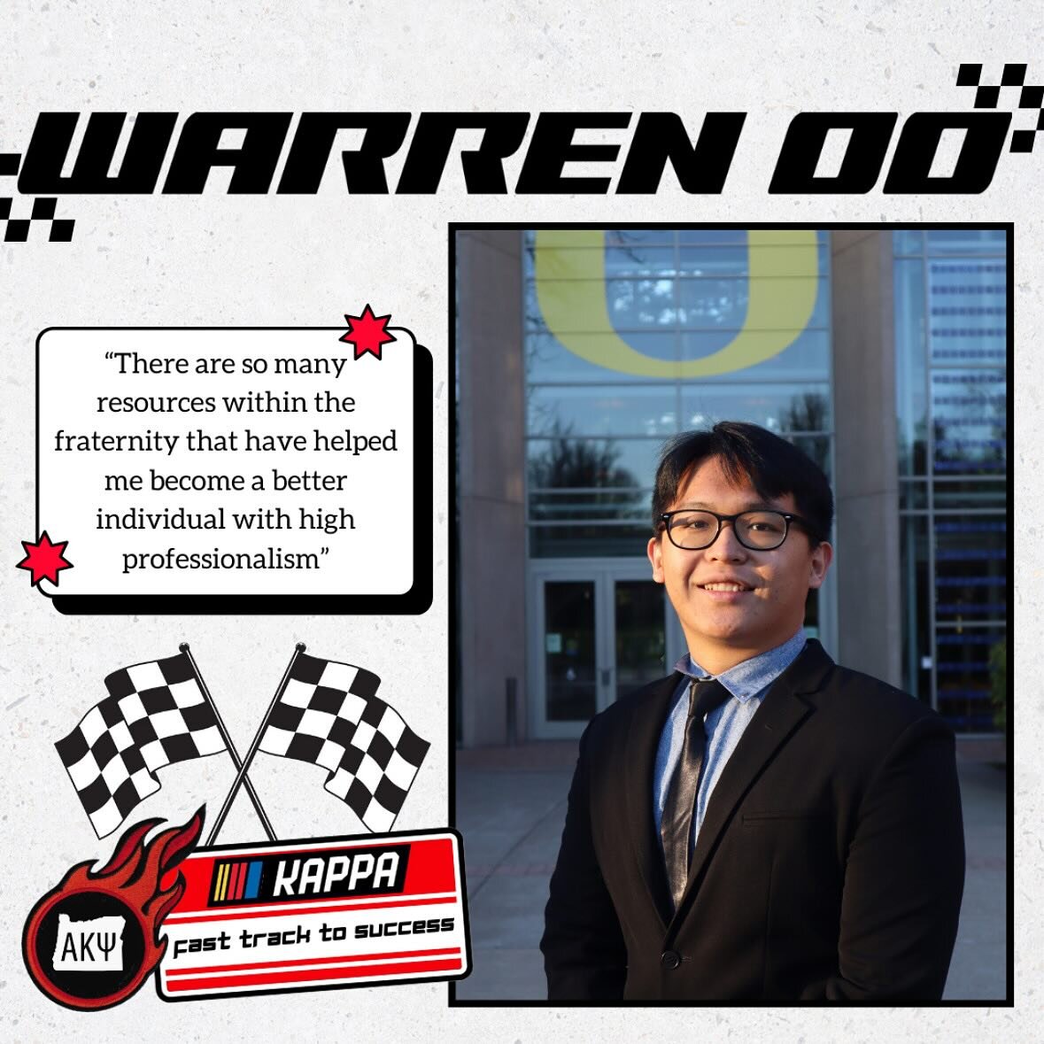 Meet Warren Oo, a member of Kappa Chapter! Swipe to hear about one of his favorite experiences he found through the fraternity! 

Reminder: Only two more rush events remain! We hope to see you at our Pro-D event and Meet the Members happening this we
