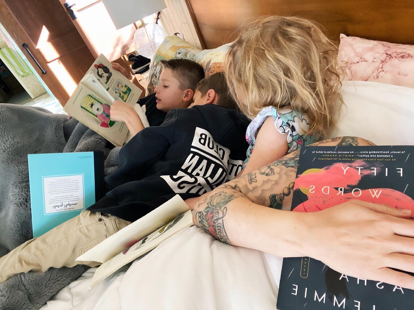 A slow Sunday morning, the kids and me piled into our bed, reading. It&rsquo;s not lost on me that this kind of thing is EXACTLY what I dreamed of many years ago when I imagined what being a mama of three would be like. Some days these kids fight lik