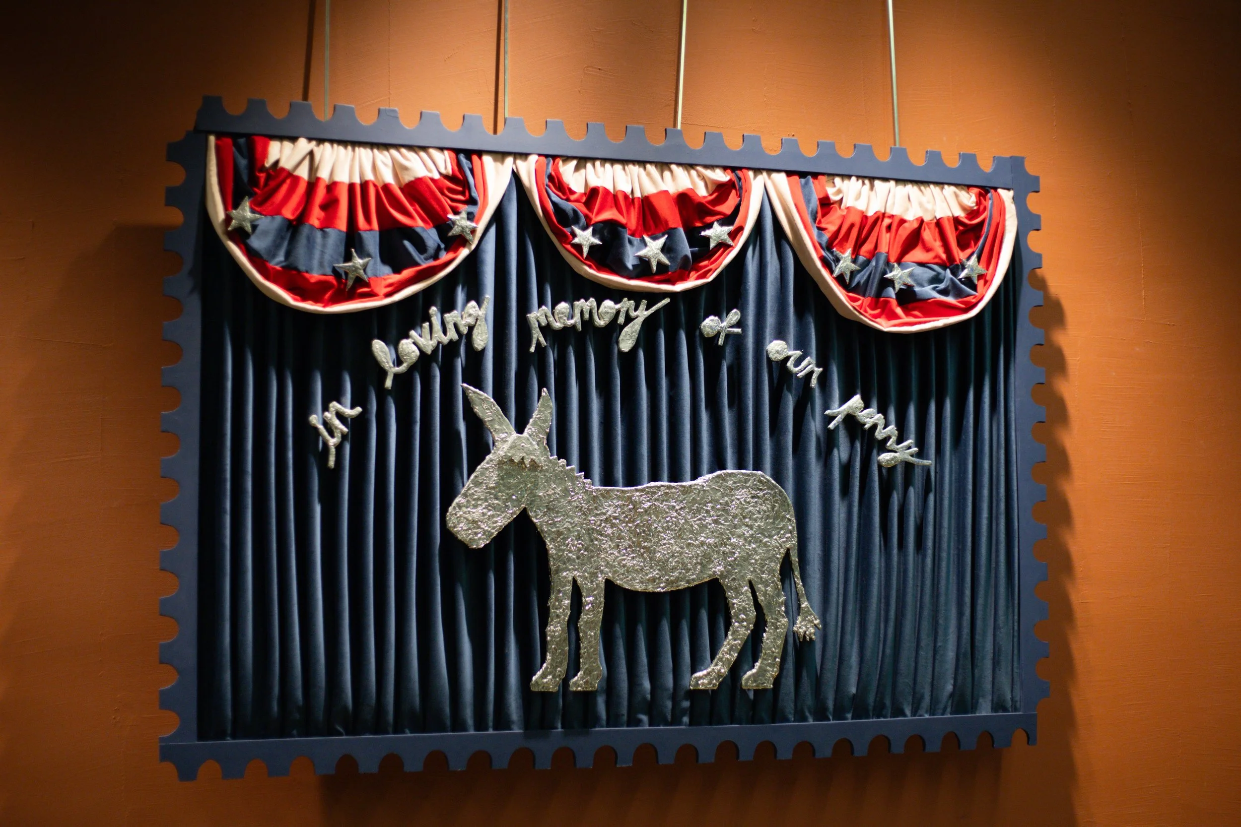 A multi-media artwork of a donkey from one of the 2025-2026 Queer Spectra Artists-in-Residence, Alise Anderson, shown at the January 2026 showing.