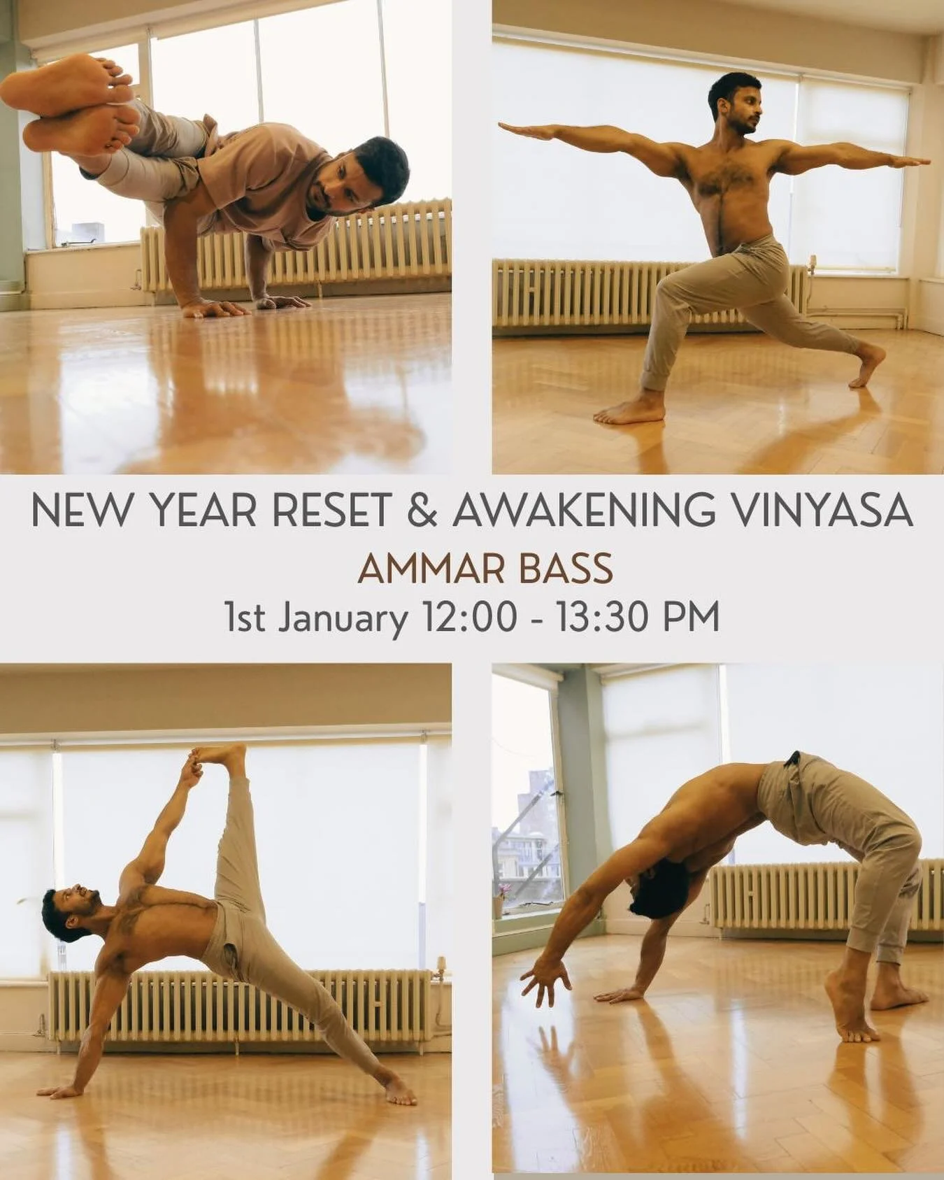 Begin the year with clarity movement and a fresh sense of direction

Join Ammar Bass for a New Year Reset and Awakening Vinyasa practice offered both in studio and online. This uplifting class blends dynamic movement with intentional breath buildin