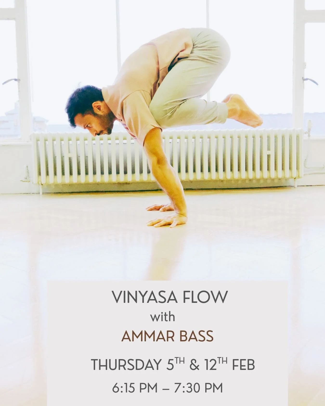 For the next two weeks, Ammar Bass will be covering Raphan&rsquo;s timetabled slot, offering open-level Vinyasa Flow classes on Thursday 5th and Thursday 12th February.

In these dynamic, open classes, breath and movement are woven together as you 