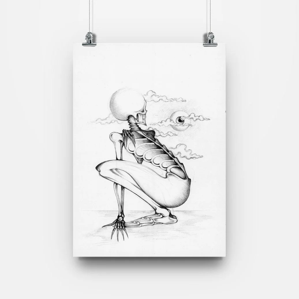 skeleton, surrealism, sister serpent, art print, ballpoint pen graphics, dark art, illustration, tattoo design