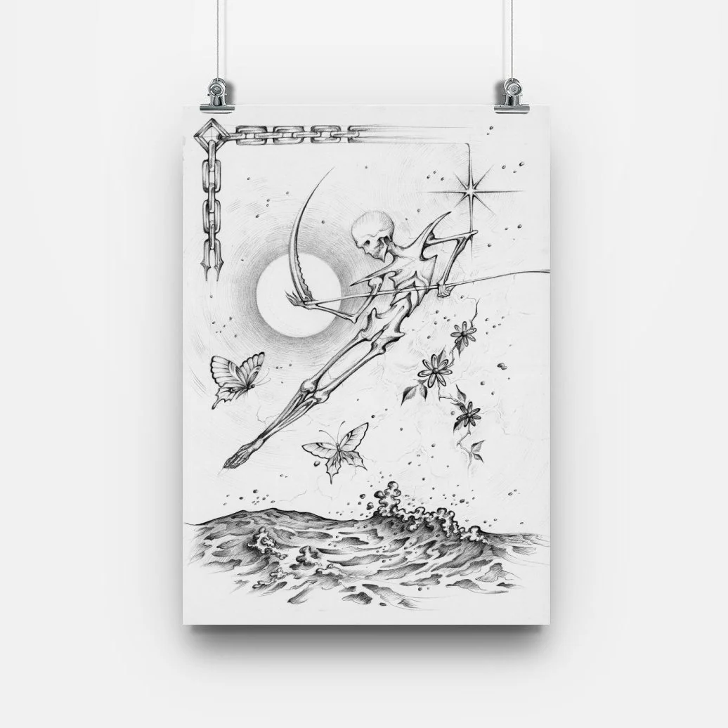 skeleton, surrealism, sister serpent, art print, ballpoint pen graphics, dark art, illustration, tattoo design