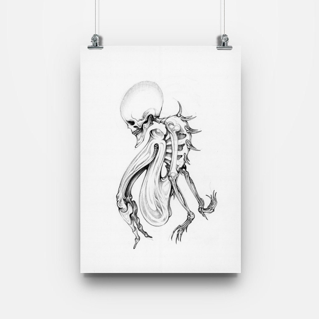 skeleton, surrealism, sister serpent, art print, ballpoint pen graphics, dark art, illustration, tattoo design