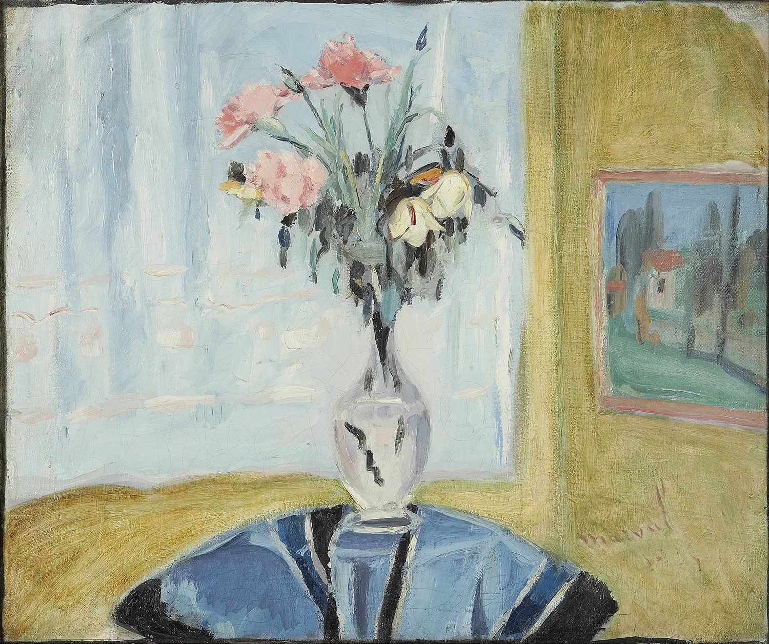 Bouquet sur Guéridon Bleu, Jacqueline Marval. Huile sur toile.