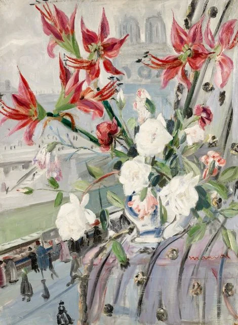 Fleurs devant Notre-Dame, Jacqueline Marval. Huile sur toile, 116 cm x 89 cm.