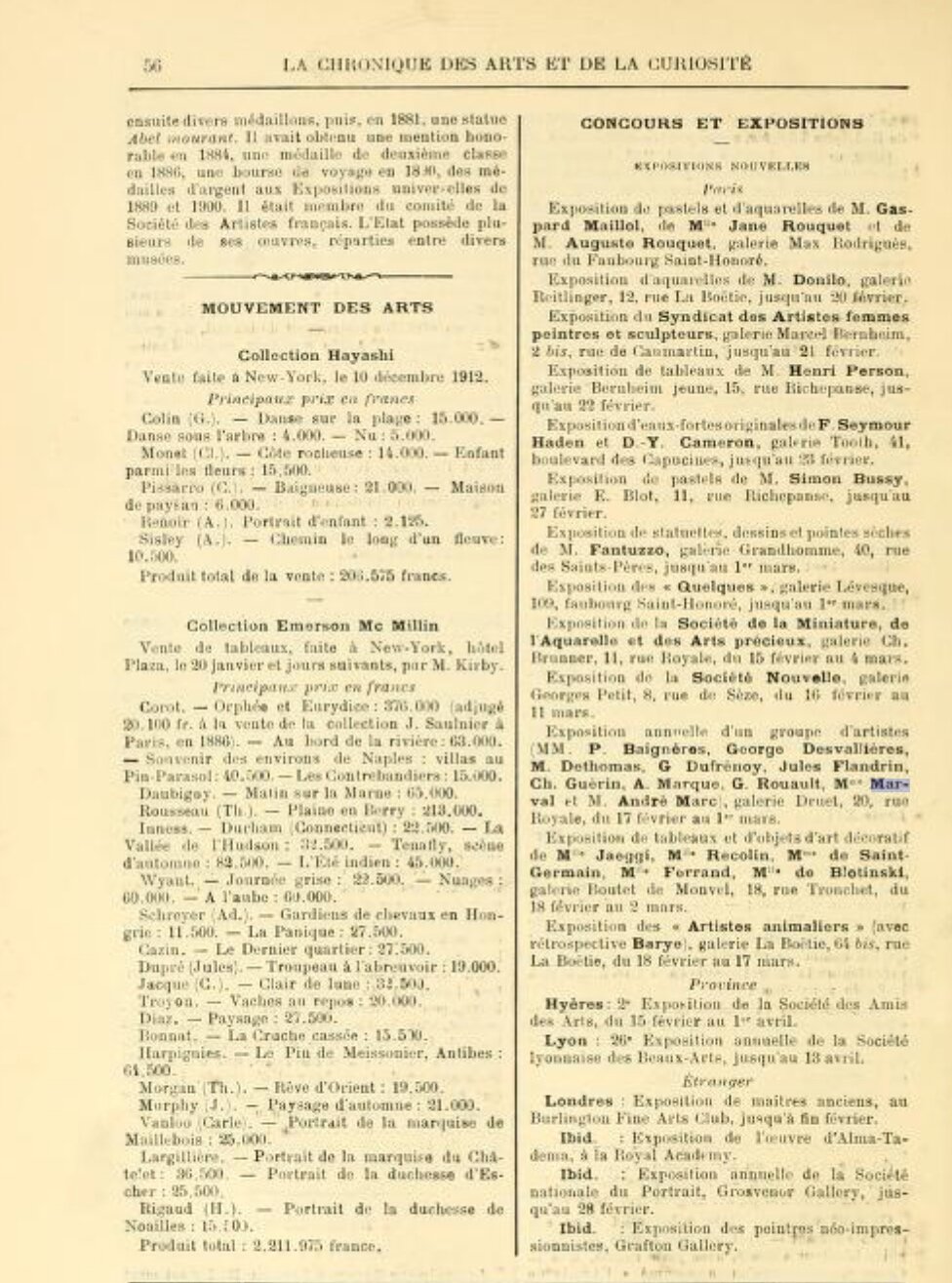 Chronique des Arts et de la Curiosité, Gazette des Beaux-Arts, février 1913
