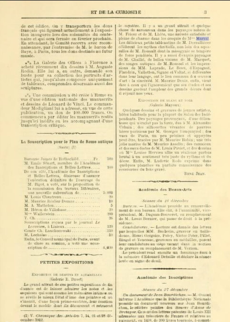 Chronique des Arts et de la Curiosité, Gazette des Beaux-Arts, 4 janvier 1913 (Copy)