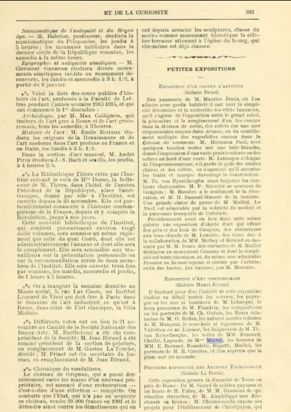 Chronique des Arts et de la Curiosité, Gazette des Beaux-Arts, novembre 1913 (Copy)