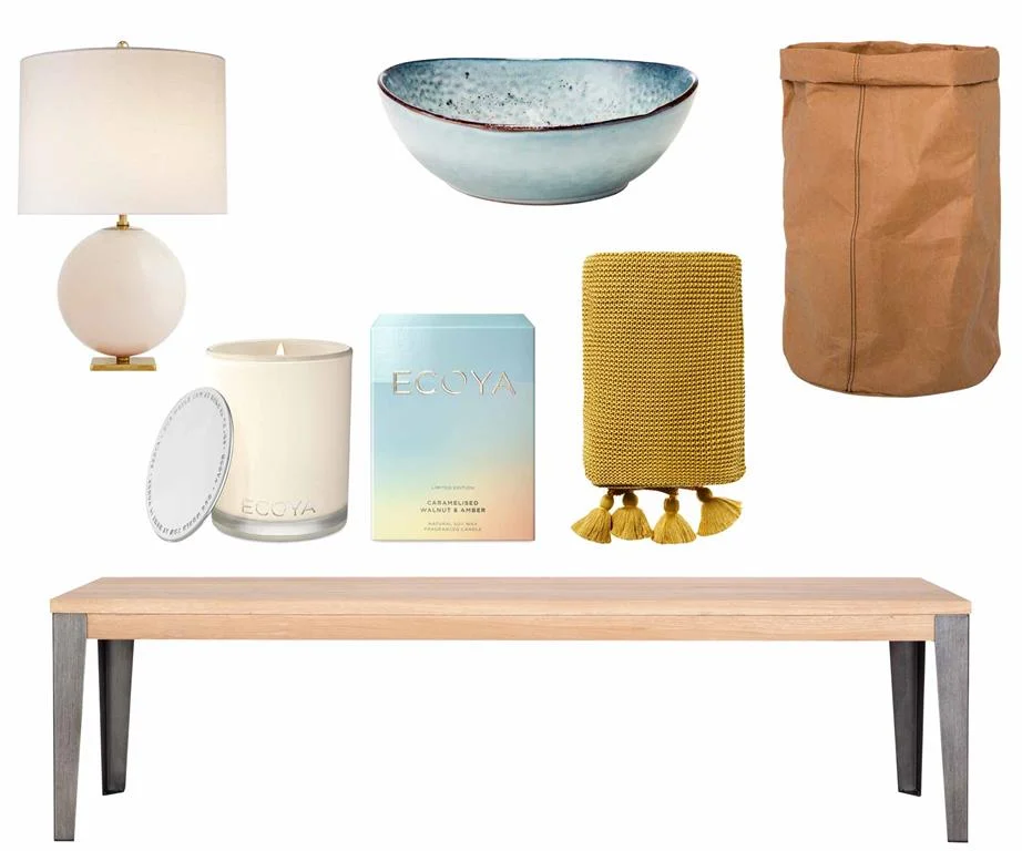 Final polish Set the scene with textured and colourful finishing touches to suit any space. Get the look (clockwise from left) Kate Spade New York for Visual Comfort & Co. 'Elsie' table lamp in Blush Painted Glass, $792, The Montauk Lighting Co . Nomad soup bowl in Grey, $16.95, Salt & Pepper . Sax large storage bag, $30, Freedom . Industrial M bench seat in Graphite, $639, Curious Grace . WinterEscapes limited-edition candle in Caramelised Walnut & Amber, $49.95, Ecoya . Home Republic 'Casbah' throw in Mustard, $99.99, Adairs .