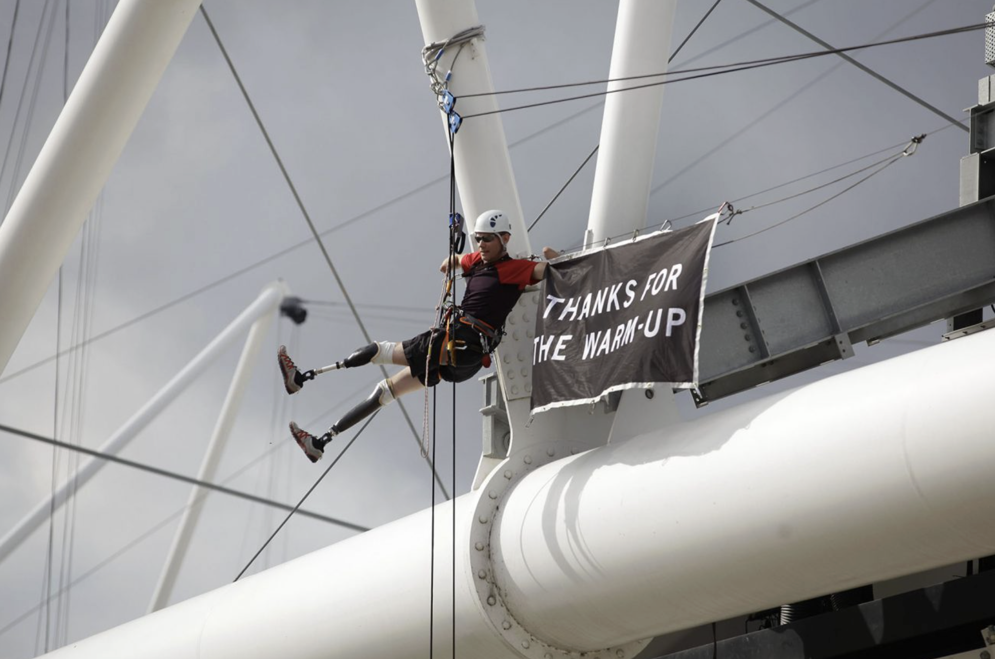  We had quadruple amputee Jamie Andrew scale the Olympic Stadium ahead of the Paralympic Opening Ceremony to unfurl a giant flag reading ‘Thanks for the Warm-up.’ 