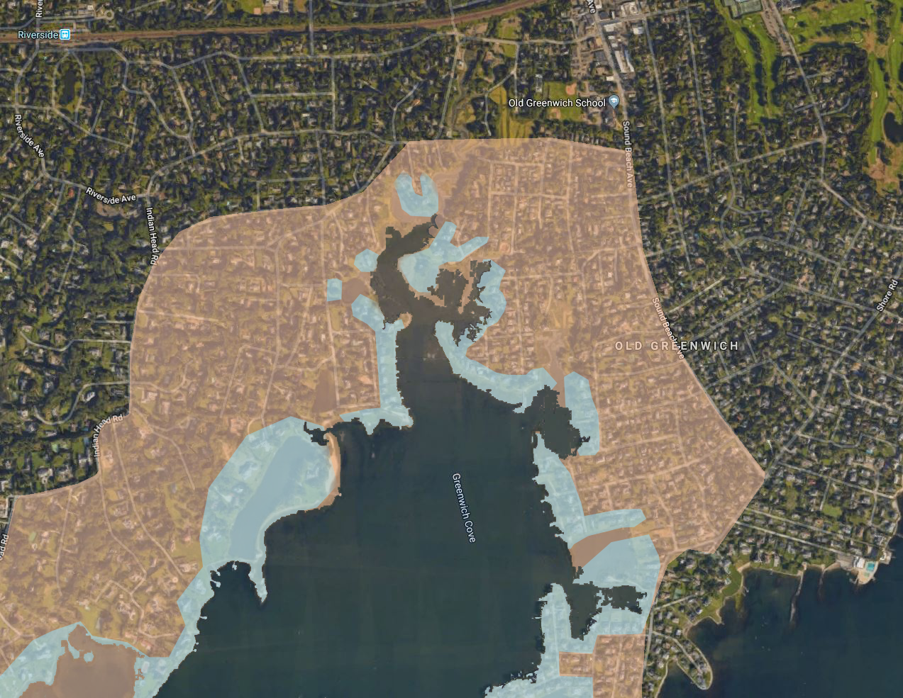 While the orange shading encompasses the waterfront community of Greenwich Cove, the blue shading illustrates the properties that are located directly on the waterfront. (Image via Google Earth)