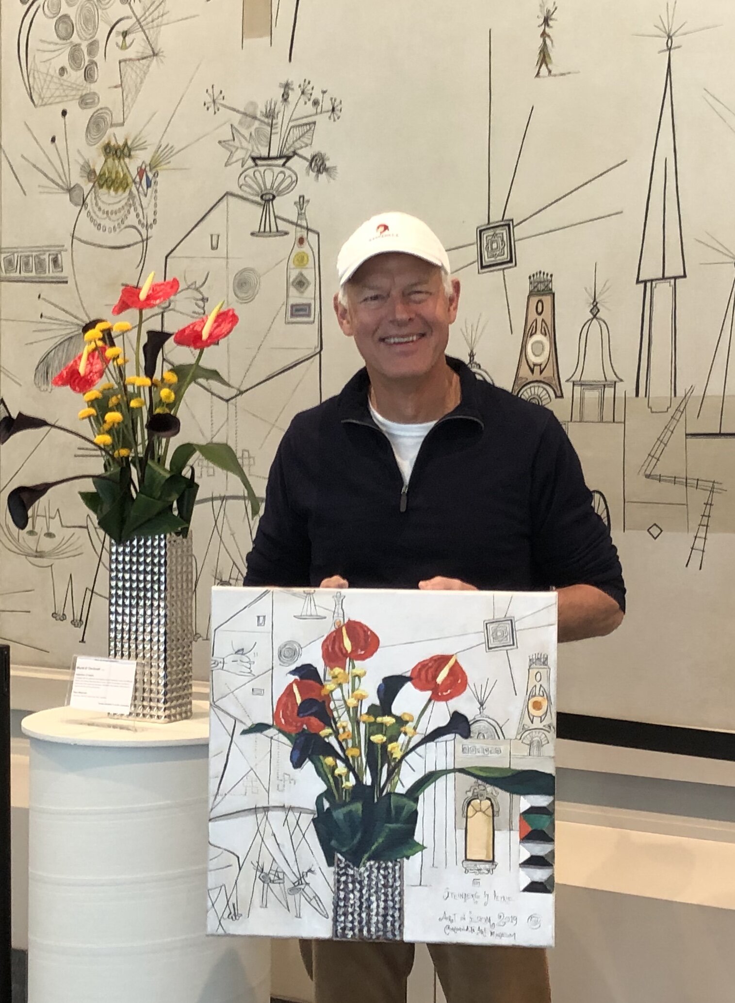  Guest Artist at Cincinnati Art Museum 2019 Art in Bloom, with View of Cincinnati Mural by Saul Steinberg 