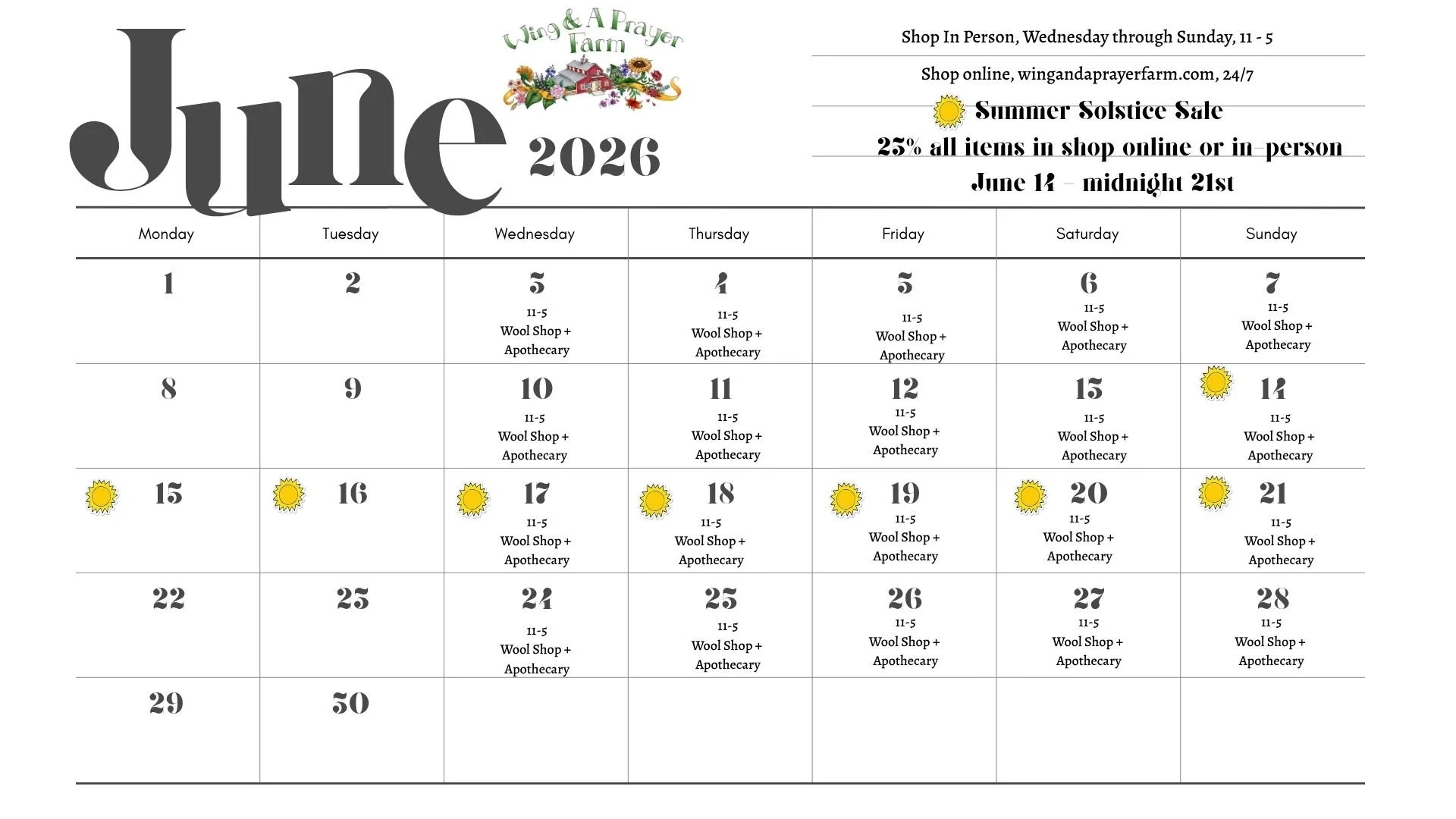 June Wool Shop + Apothecary Hours
