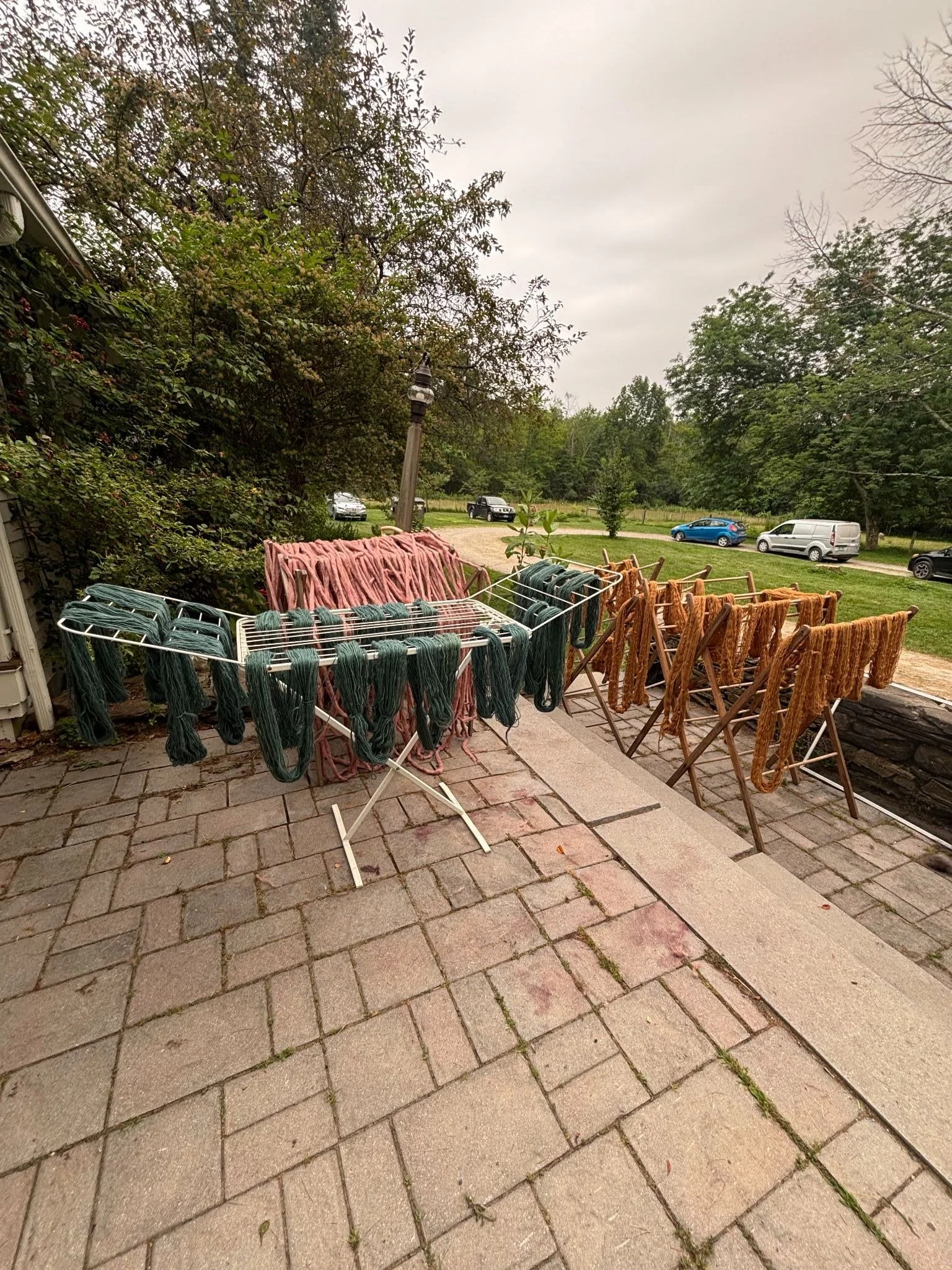 Skeins of yarn and roving drying on large racks outside on a stone patio.