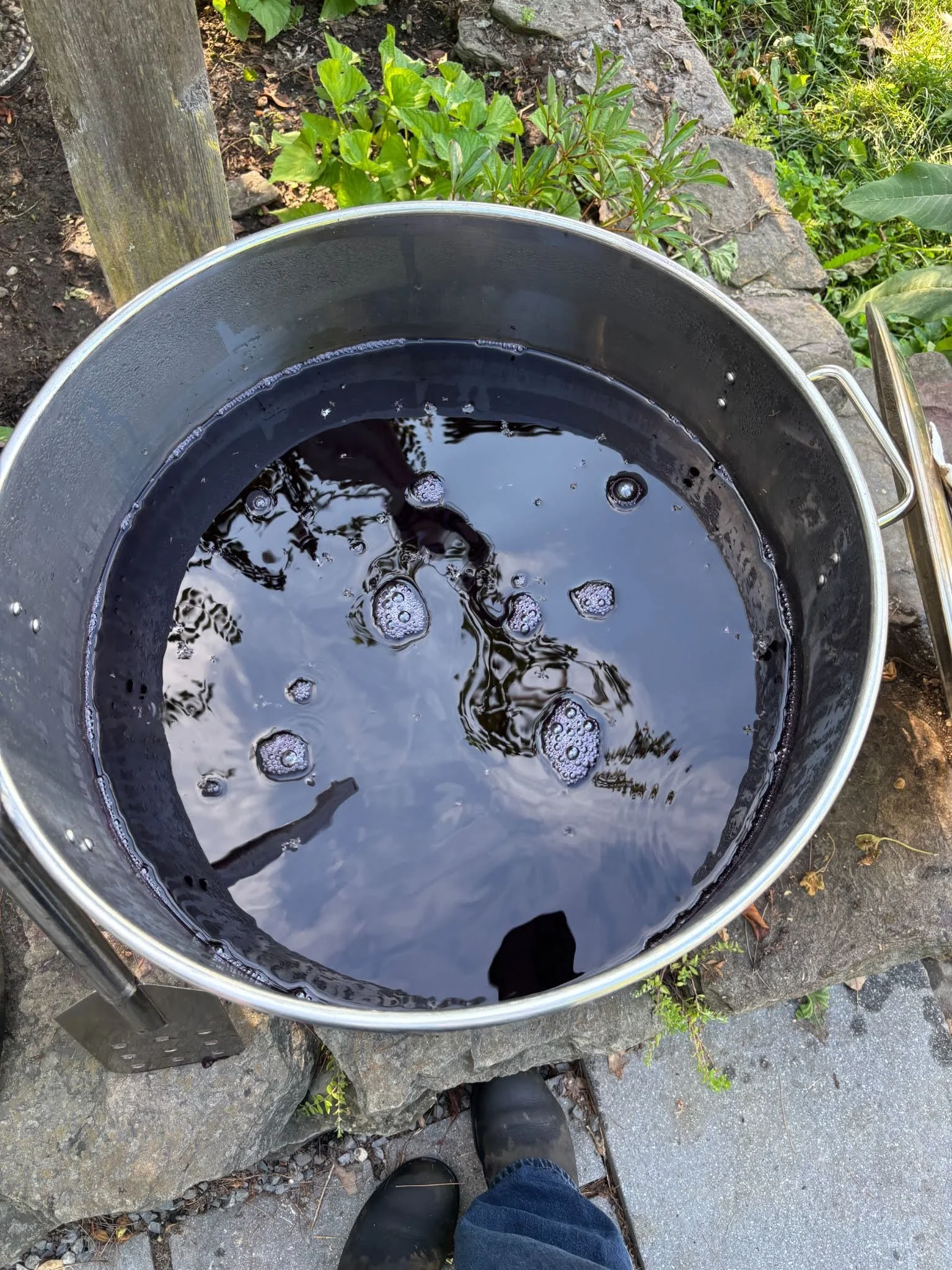 Large cooking pot full of very dark purple liquid.