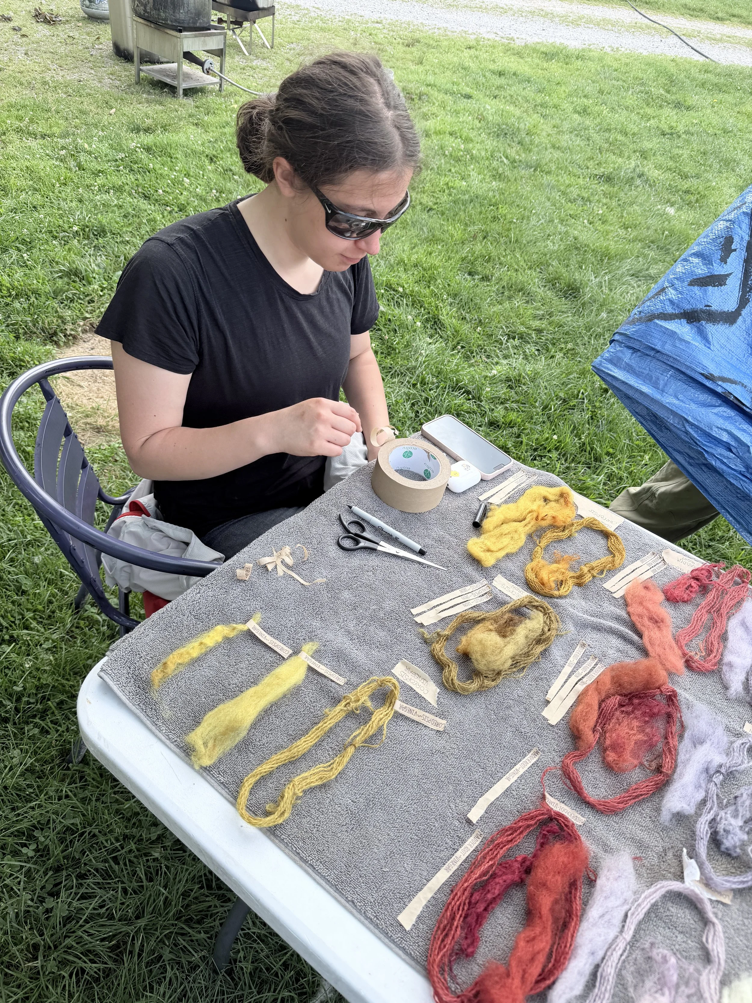 Different samples of newly-dyed fiber being labelled.