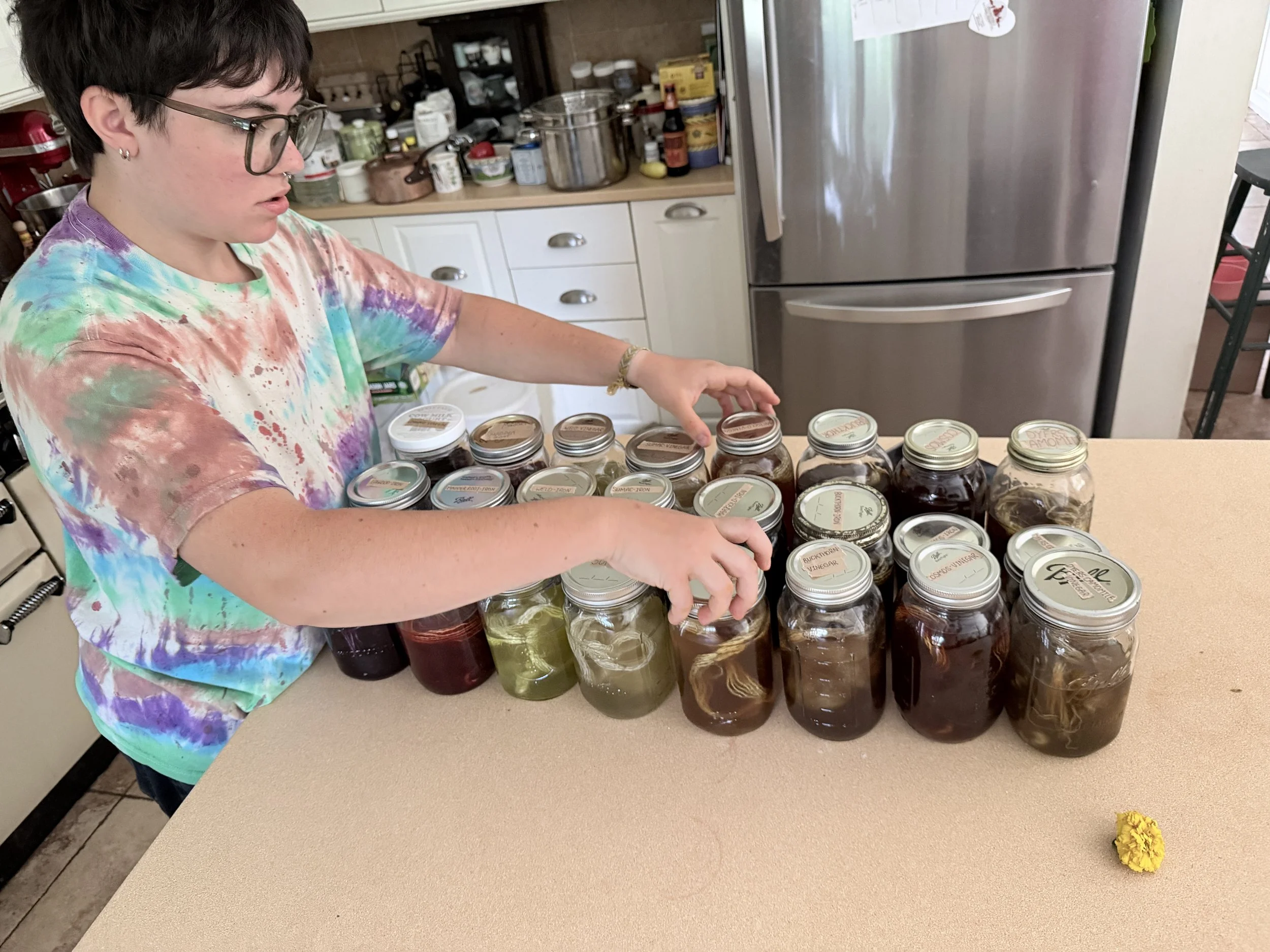 Jars full of different color dyes with fiber inside them.