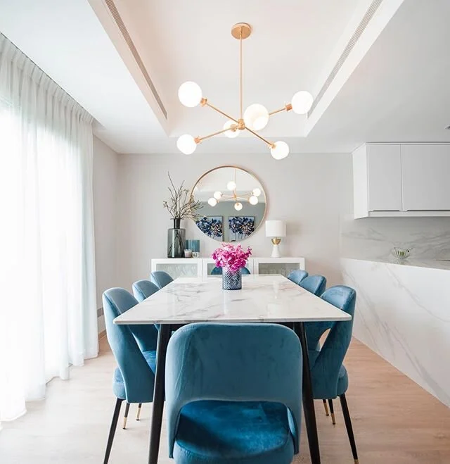 A bit of mid century glam and some curves to soften the hard edges of the architecture and kitchen. My favourite transformation so far, for a lovely client who wanted more colour and jazz in her home, a haven from her demanding career. Swipe left to 