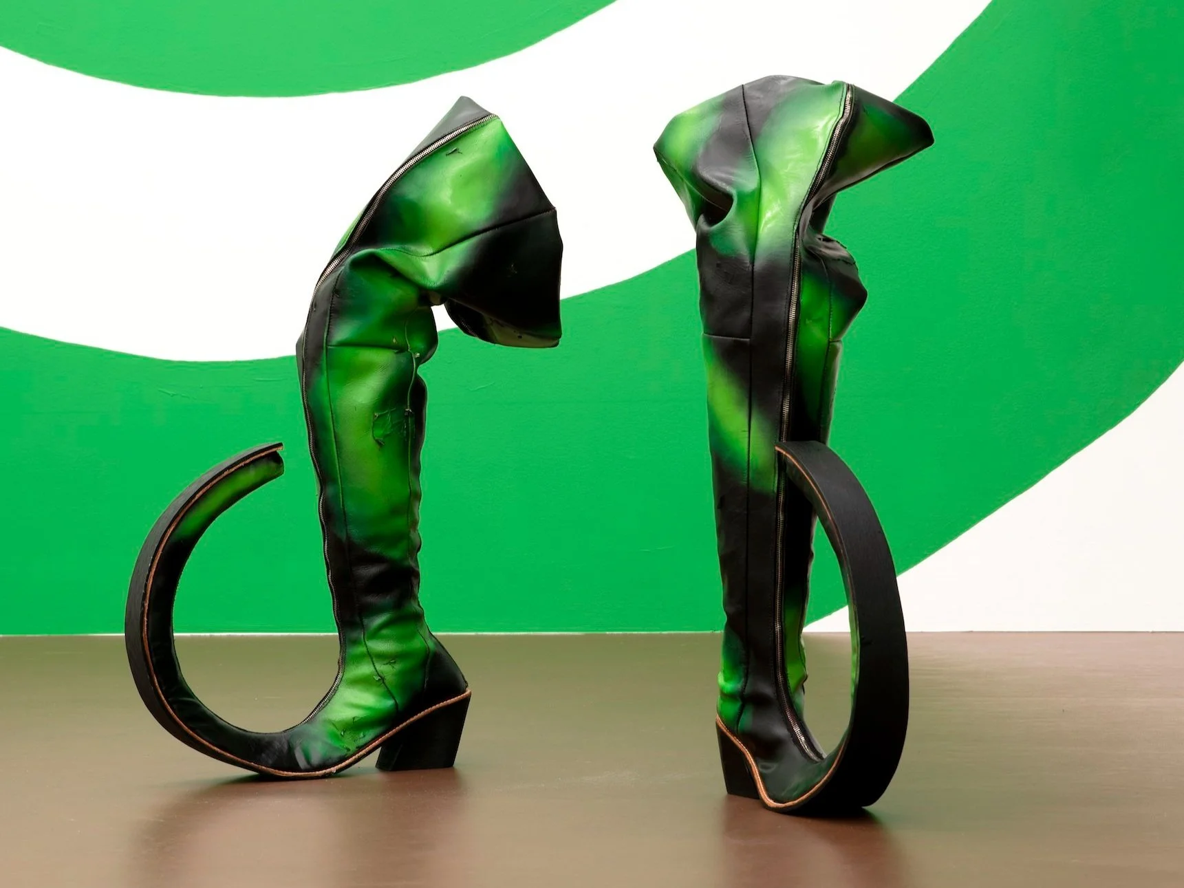JB0001_James+Bantone_Chronic+Oversharer%2C+2021_Leather+boots+in+collaboration+with+Jazil+Santschi+I+S+E%2C+polyester+thread%2C+wood%2C+zippers%2C+acrylic_80+x+30+x+44+cm%2C+31.50+x+11.75+x+17.38+in+%28each%29_Web_Courtesy+of+artist+and+Karma+International+Zurich.jpg
