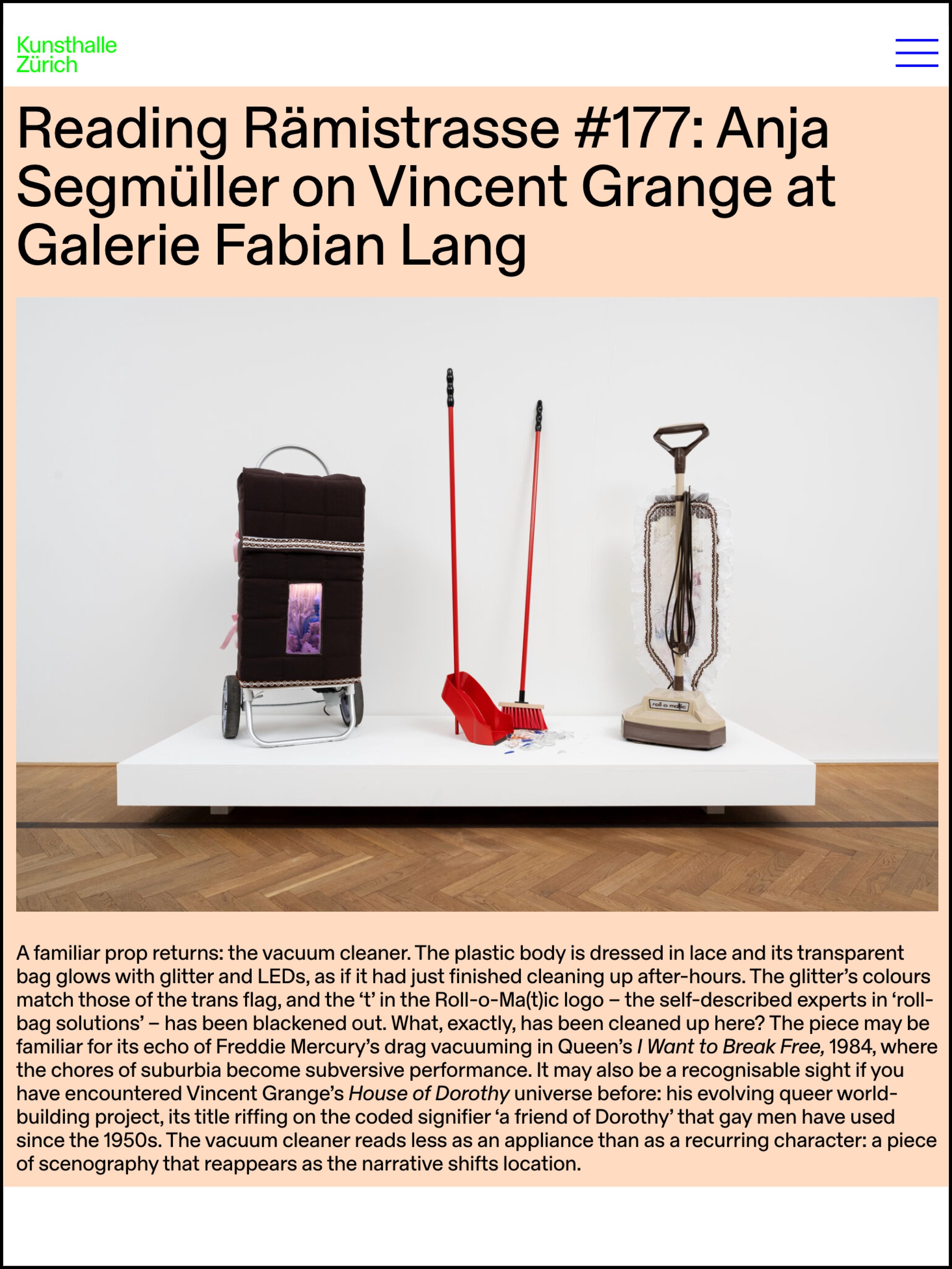 KUNSTHALLE ZÜRICH | „Reading Rämistrasse #177: Anja Segmüller on Vincent Grange at Galerie Fabian Lang“