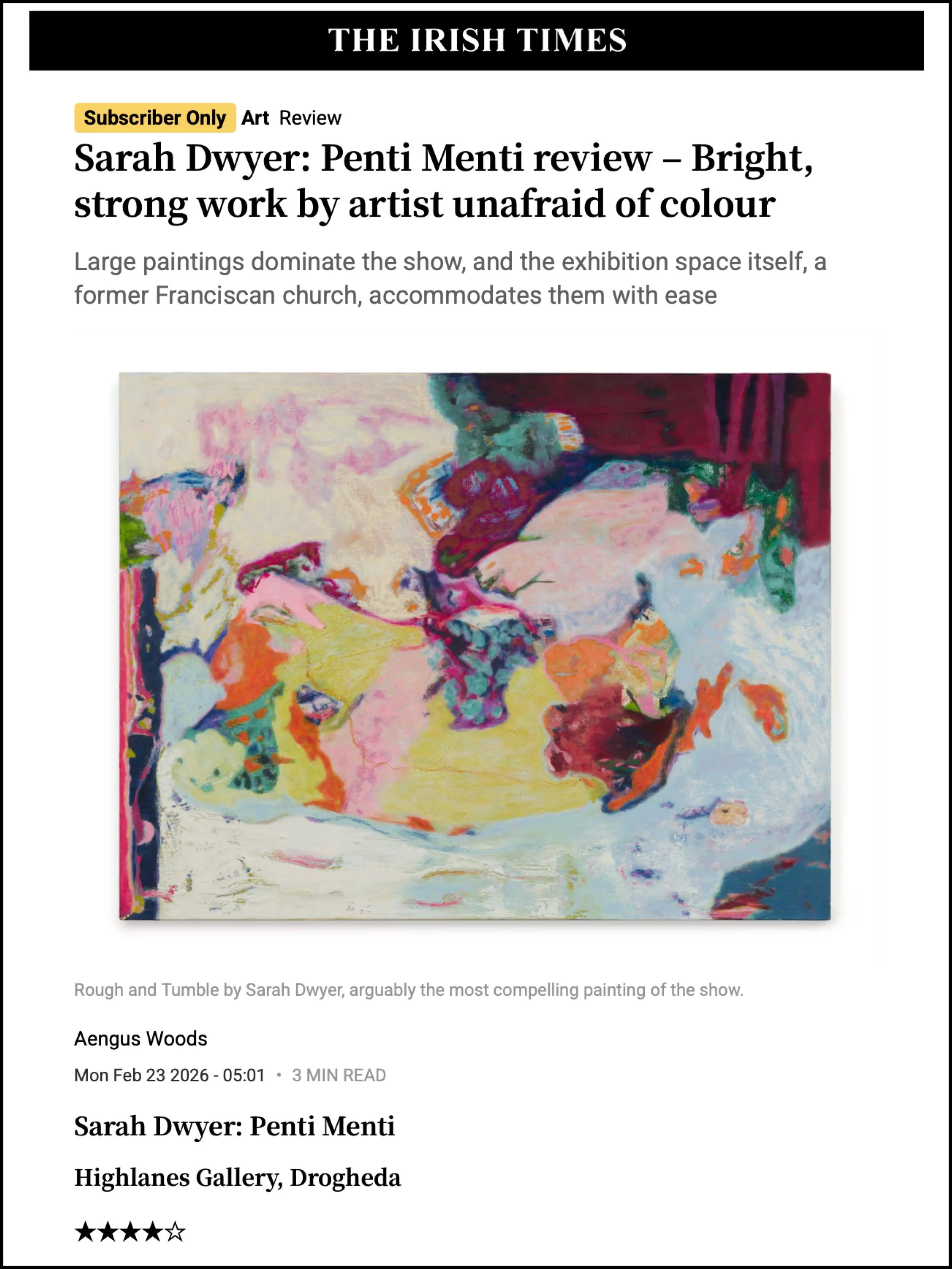 THE IRISH TIMES | „Sarah Dwyer: Penti Menti review – Bright,strong work by artist unafraid of colour“