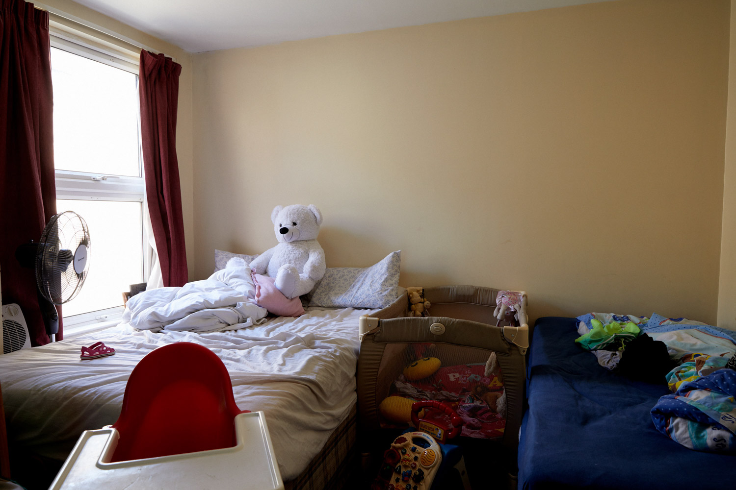  Rory and Vanessa   Six-year-old Rory has behavioural issues. He is in year one at school and has already been suspended. He sleeps in the blue bed next to his sister and their mum in this one room accommodation.  Social Services moved them in two y