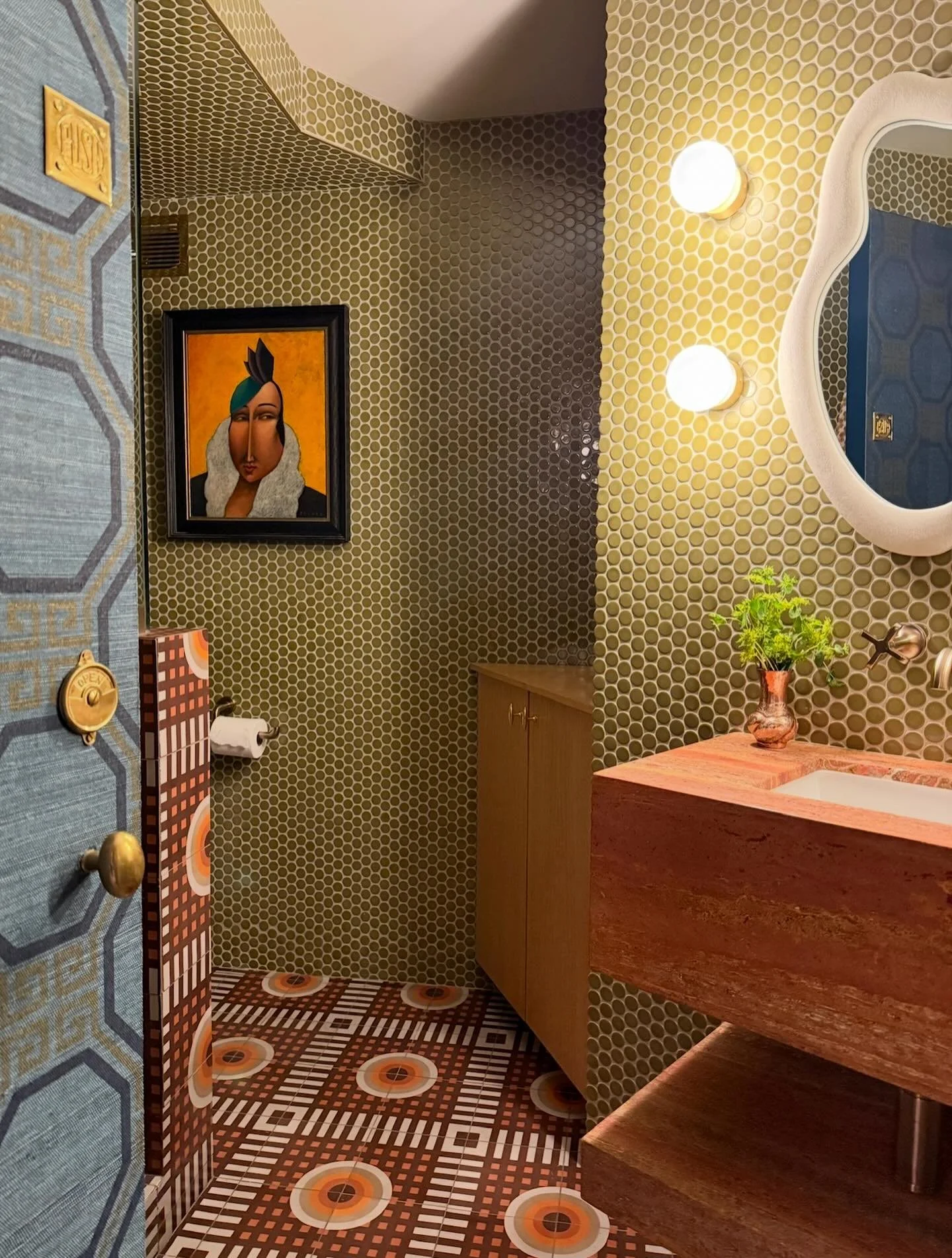 Color and pattern play are at the root of design for me. The bathroom behind the hidden door at our Le Bar Mayor project. An exploration of a 70&rsquo;s palette for the modern day ✨